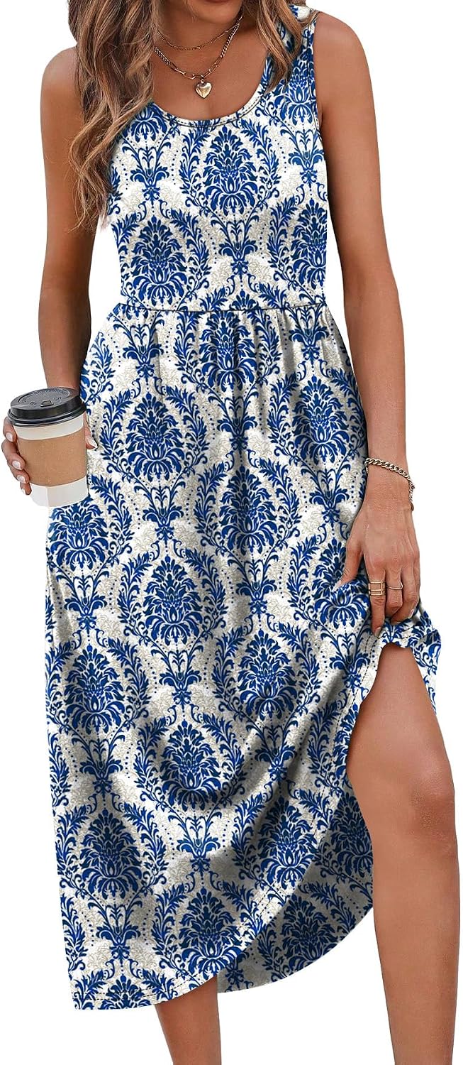 Detalle 2 de WIHOLL Flowly Casual Midi Dress with Pockets for Women — Scoop Neck, Sleeveless Tank Style