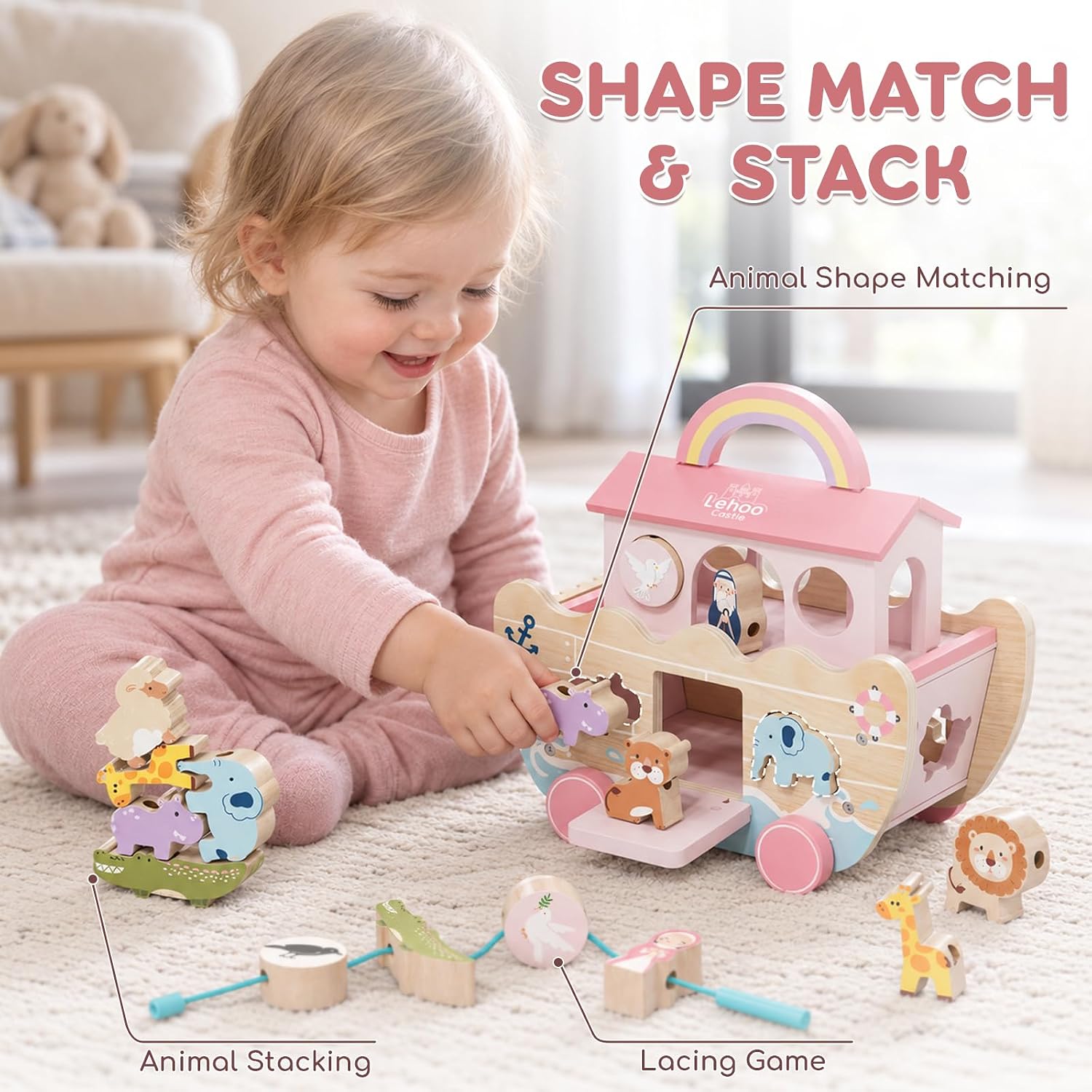 Thumbnail 3 de Lehoo Castle BT-019 Pink Wooden Noah’s Ark Toy with Shape Sorter and Lacing