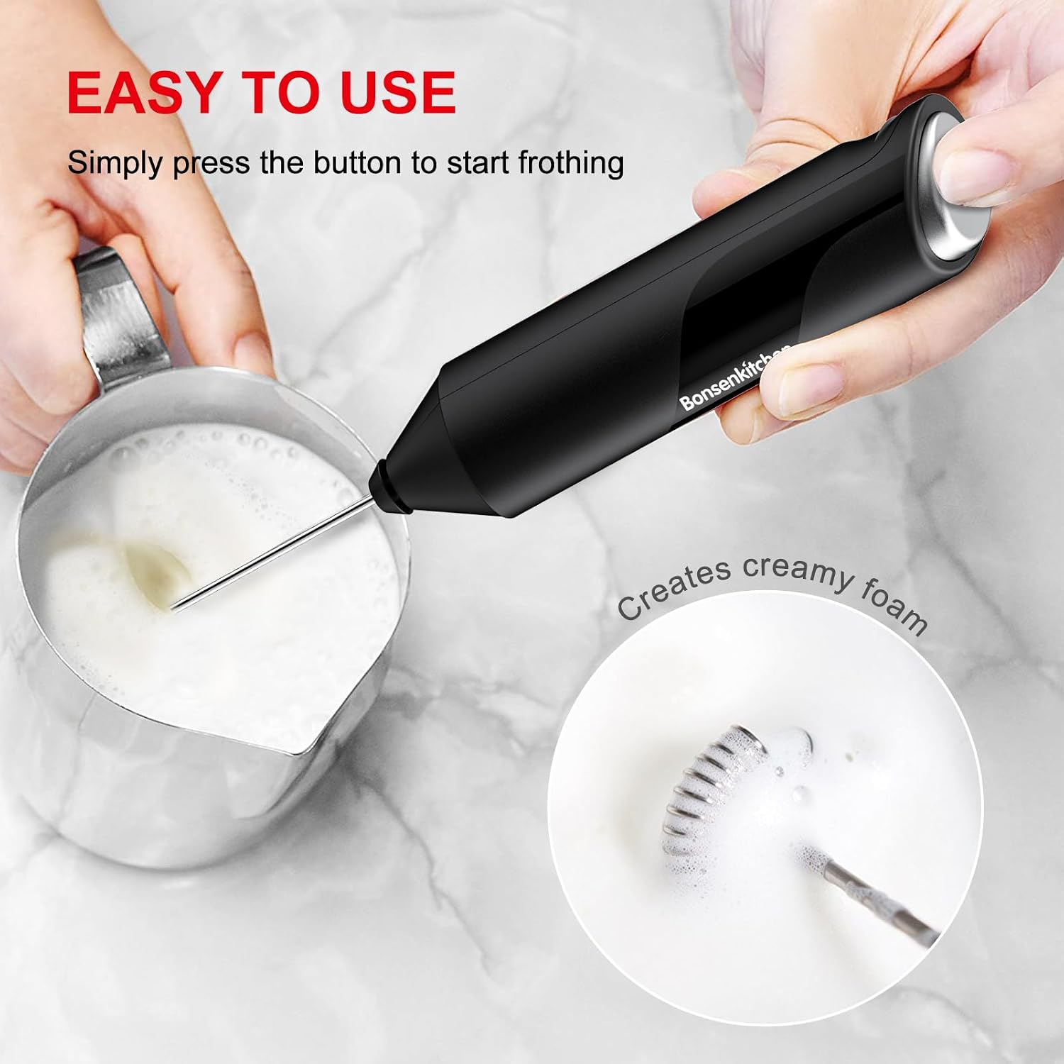 Detalle de Bonsenkitchen MF8712-V1 Handheld Milk Frother, Black with Stainless Steel Whisk