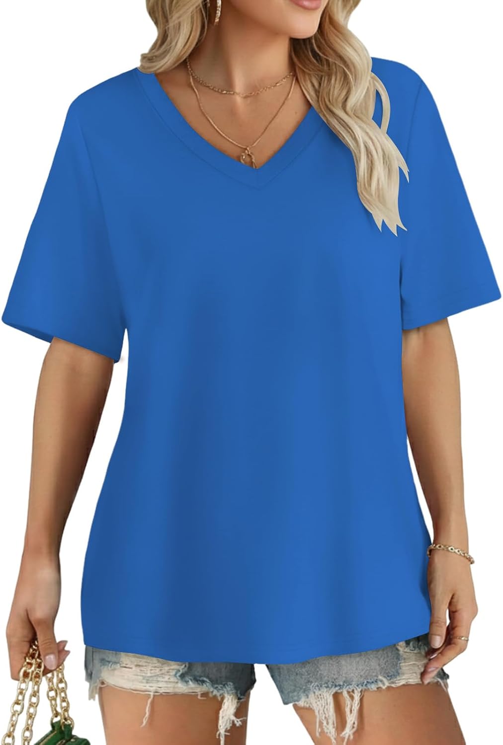 Detalle de Cuptacc Tee Shirt Femme Col V Manches Courtes Ample Léger – Décontracté et Polyvalent