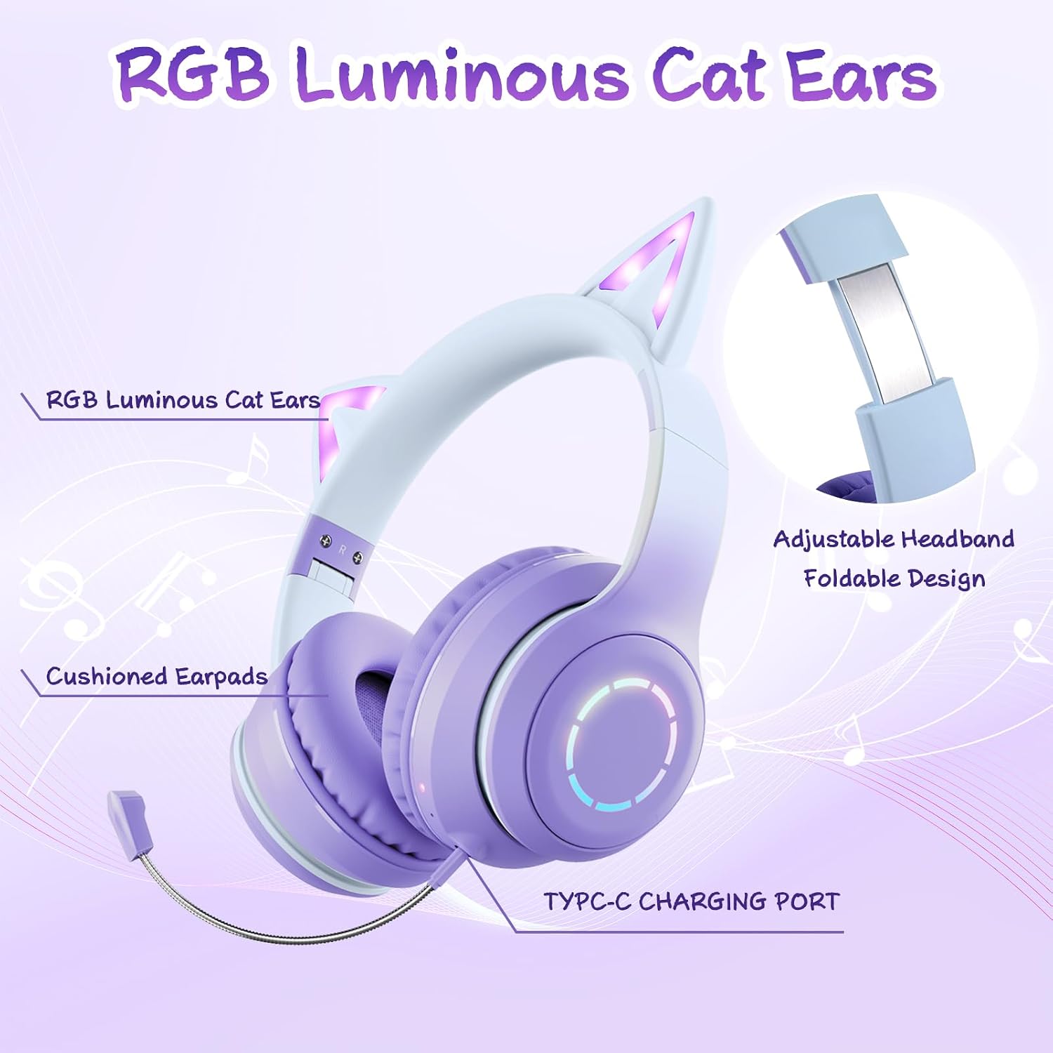 Detalle de Sendowtek Casque sans Fil pour Enfant avec Microphone Intégré et LED RGB — Bluetooth 5.1 Violet
