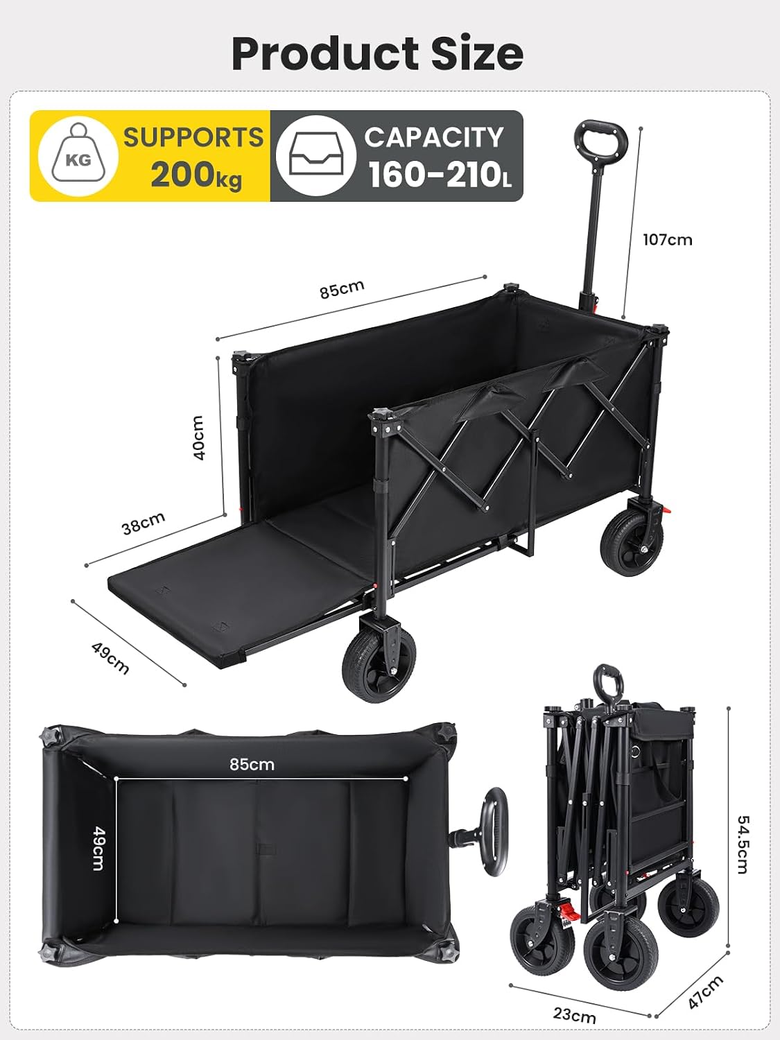 Detalle 2 de YEAUPE PRO Festival Trolley on Wheels 160L–210L Folding Wagon (Rear-opening, wide 7-inch wheels, adjustable handle)