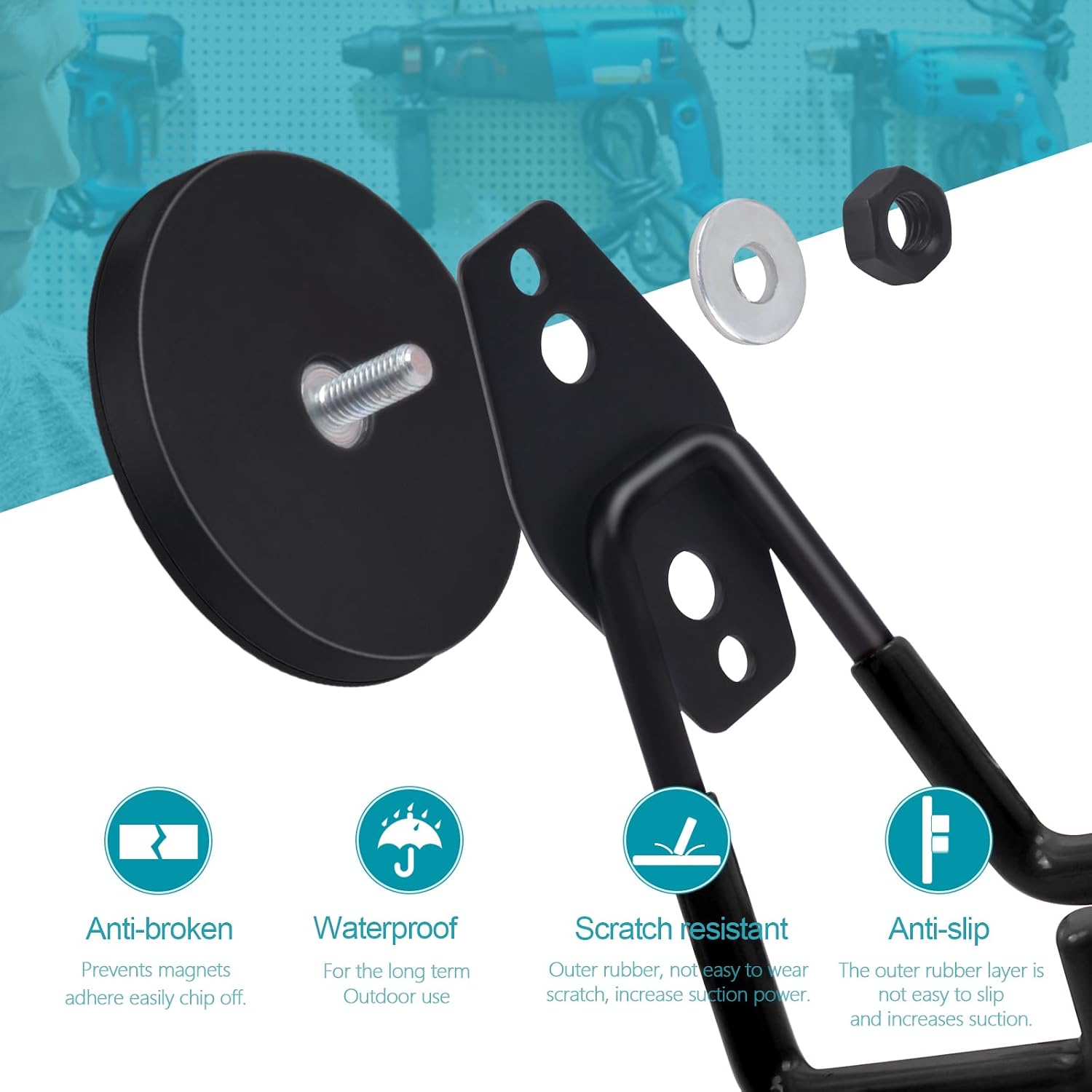 Detalle de MAGXCENE BJCG66BLA-2 Magnetic Hooks, 2-Pack, Rubber-Coated 2.59-Inch Base
