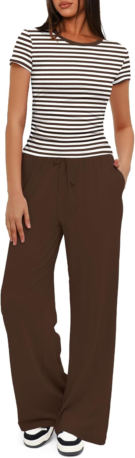 Thumbnail 5 de Darong Women's 2 Piece Summer Outfits Lounge Sets: Side Ruched Crop Top & Wide Leg Pants