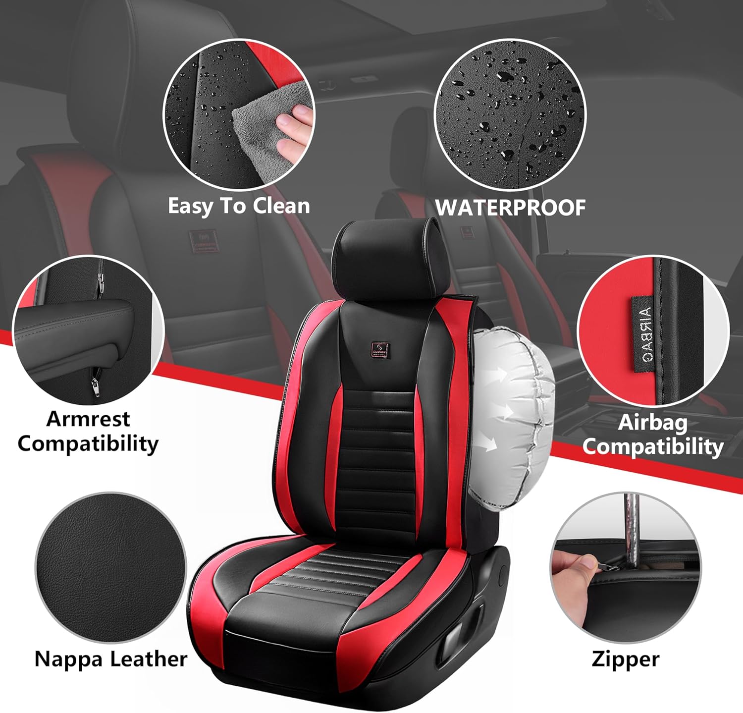 Thumbnail 1 de CAR PASS Nappa Leather Front Car Seat Covers (Waterproof, Anti-Slip, Airbag-Compatible) — Black/Red