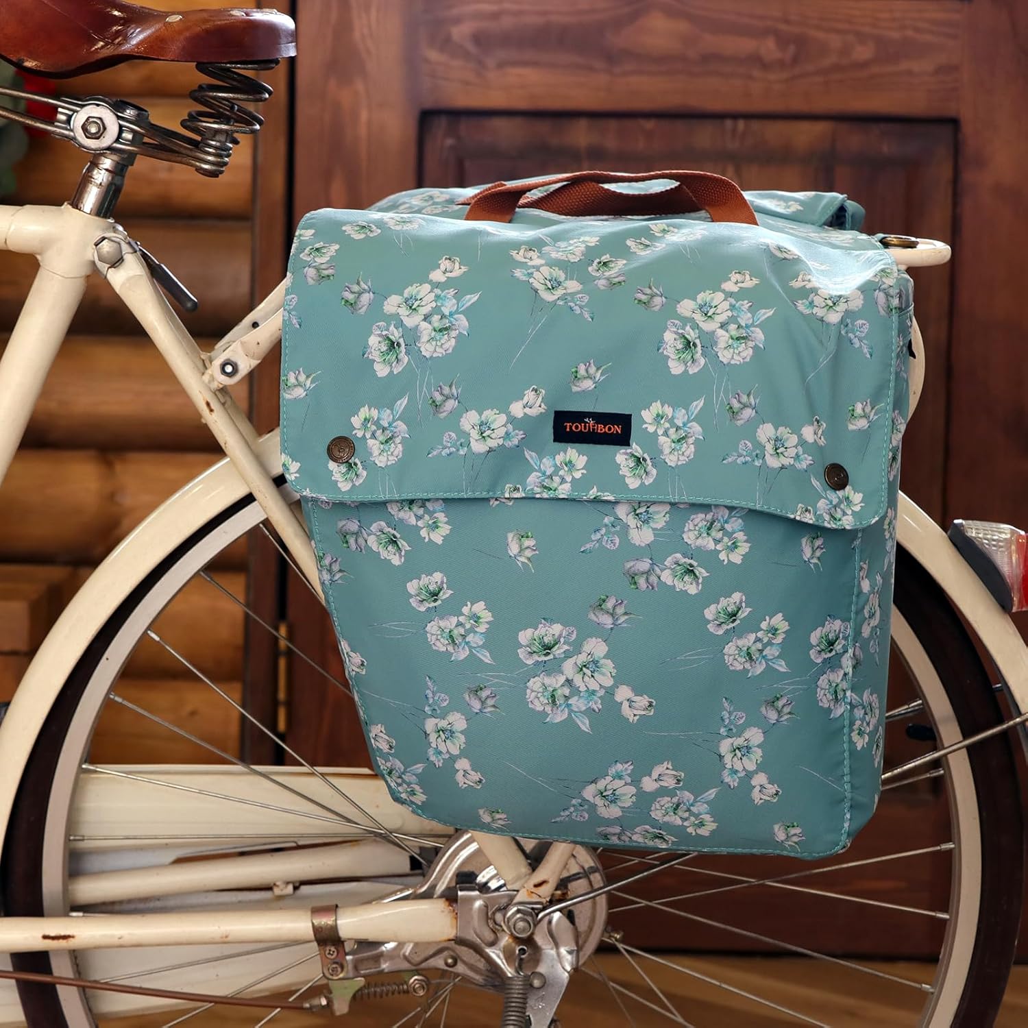 Thumbnail 5 de TOURBON Waterproof Canvas Bicycle Rear Pannier Bag (Flower Pattern) – Double Roll-Up Storage for Bike Rack