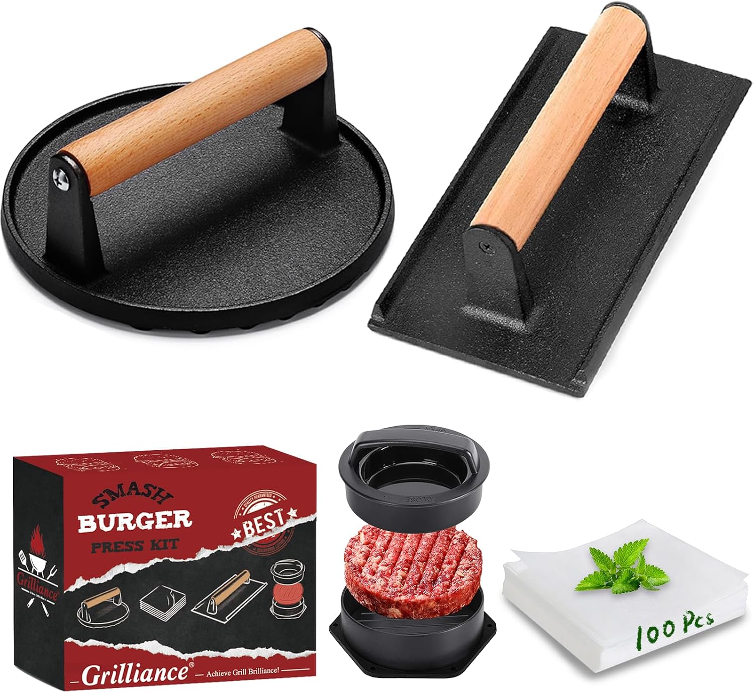 Detalle de Grilliance G2005-1 Smash Burger Press Kit, Cast-Iron Round and Rectangle Presses