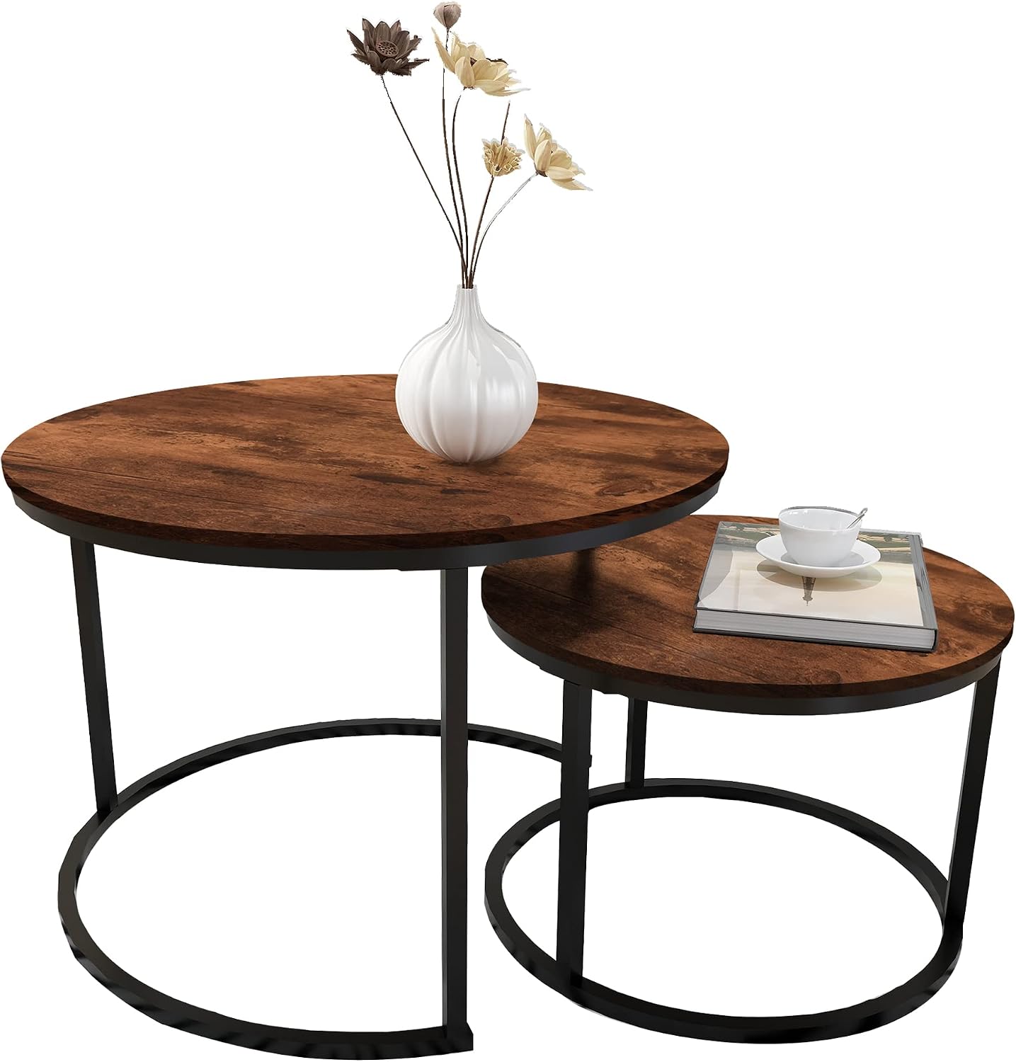 Detalle de HOMERECOMMEND SB-120 ronde nesting-salontafelset met zwart metalen frame