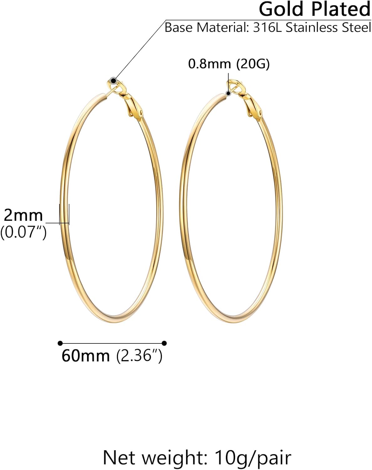 Thumbnail 5 de PROSTEEL Créoles femme en acier inoxydable 316L plaqué or jaune – grands anneaux (60 mm)