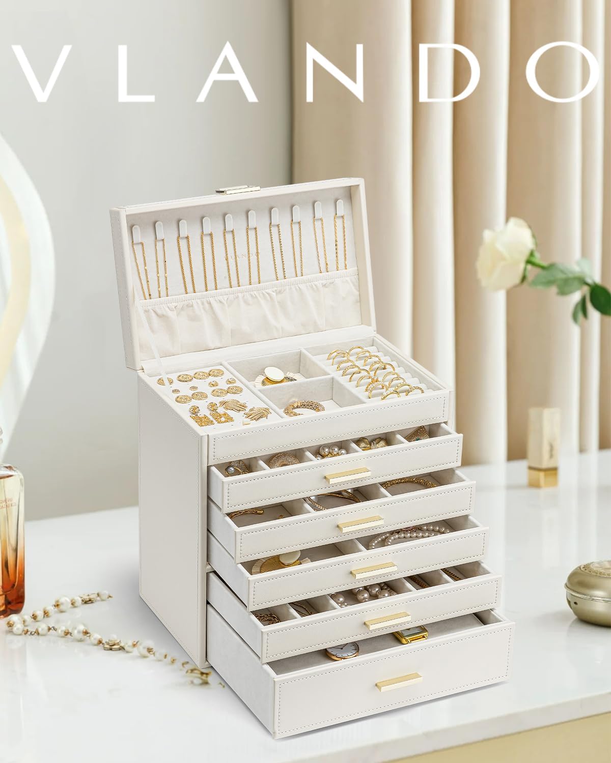Detalle de Vlando Modern Joyero Grande: organización elegante con 6 niveles y 5 cajones extraíbles