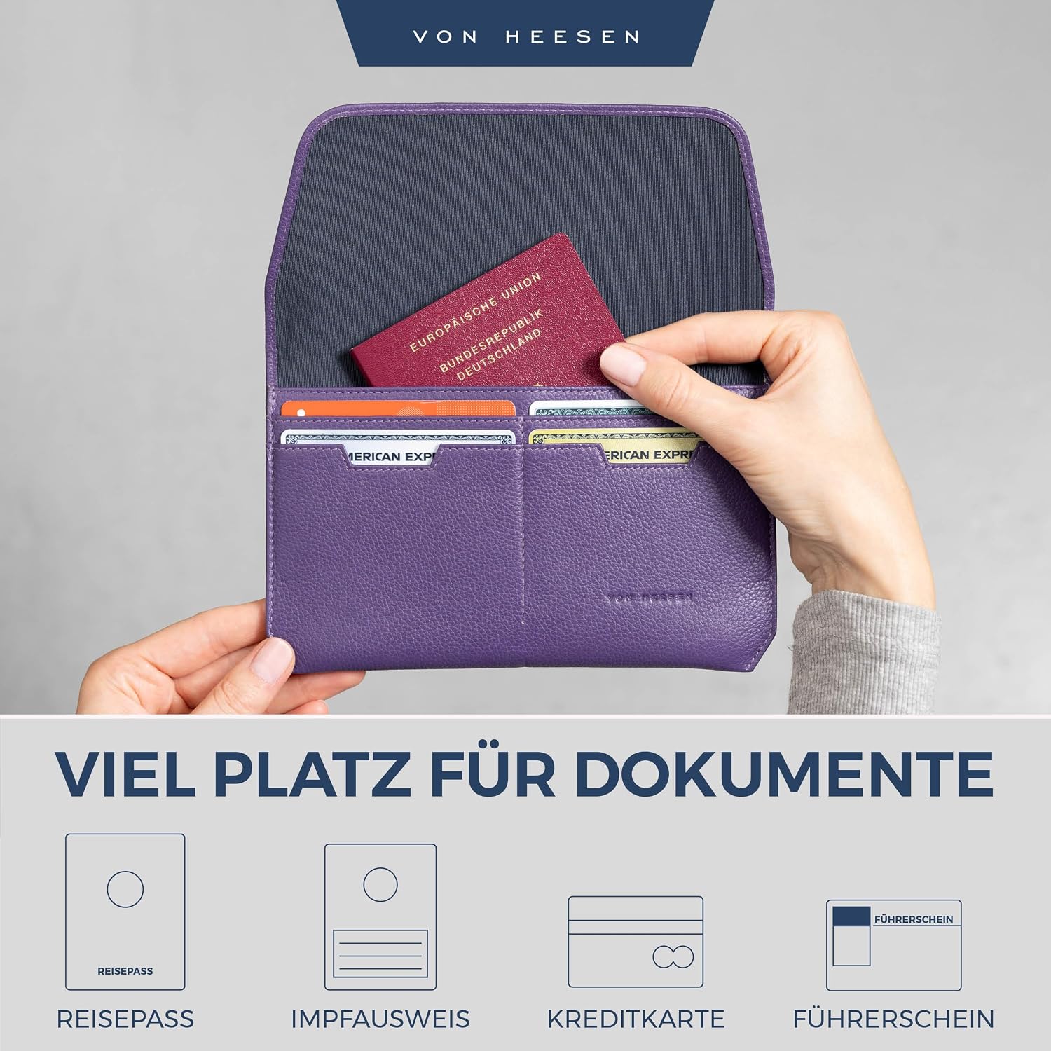 Detalle de VON HEESEN Leder-Reisepasshülle mit RFID-Schutz (Violet) – Passhülle & Organizer