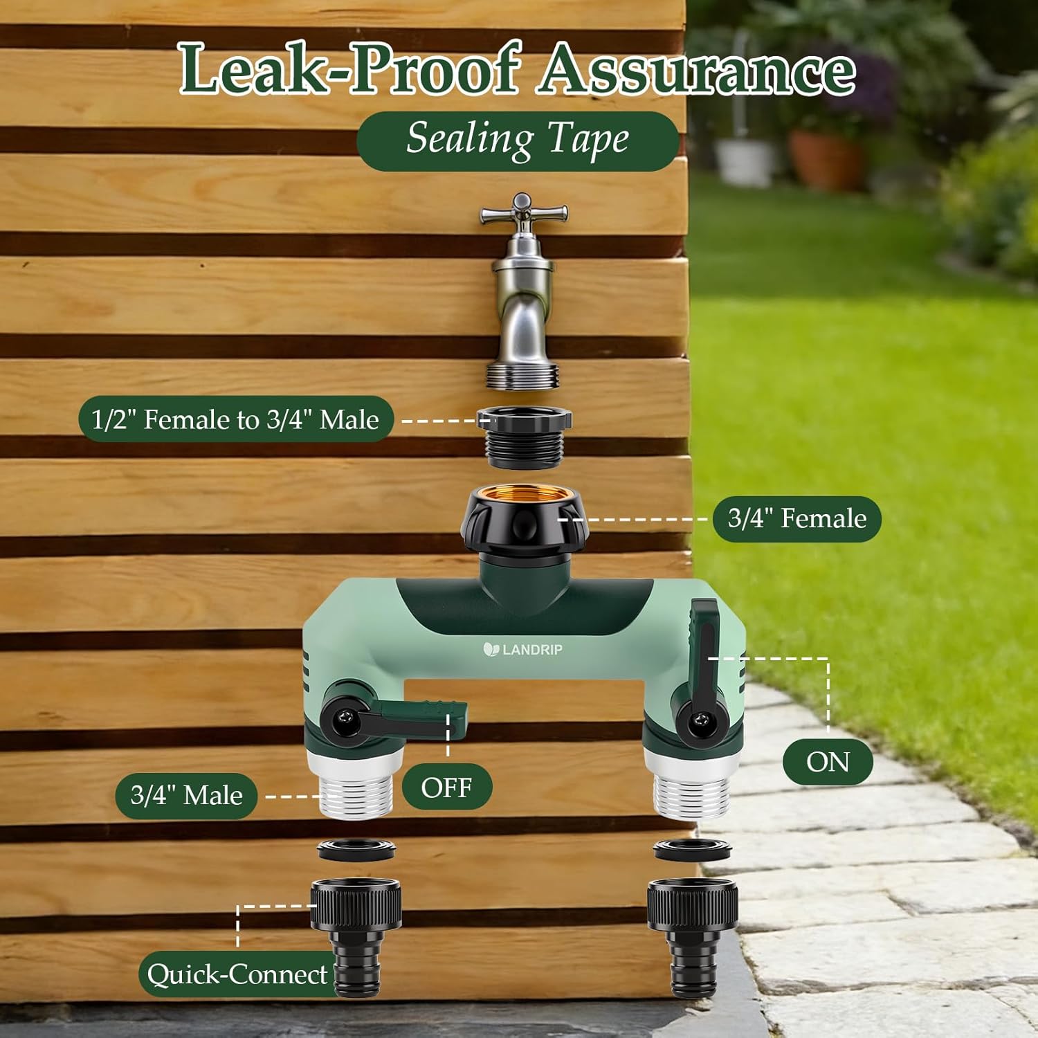 Detalle de Landrip Garden Hose Splitter 2 Way with Individual Valves – 3/4 Inch Heavy Duty Outdoor Faucet Splitter