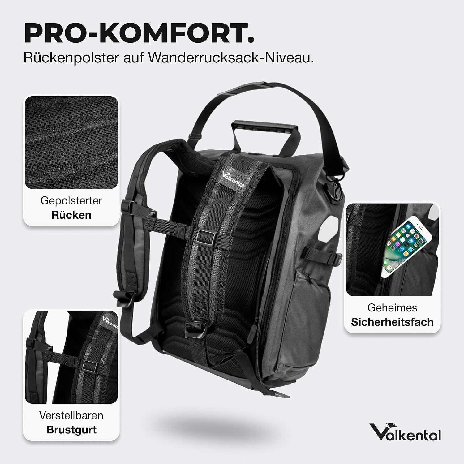 Detalle de Valkental 3in1 Fahrradtasche Pro – Das Original, 23 L, 100% wasserdicht, vielseitig einsetzbar