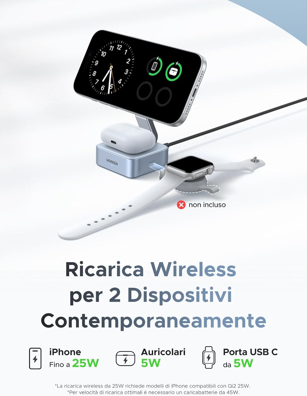 Detalle de UGREEN MagFlow Qi2 25W Caricatore Wireless 2 in 1