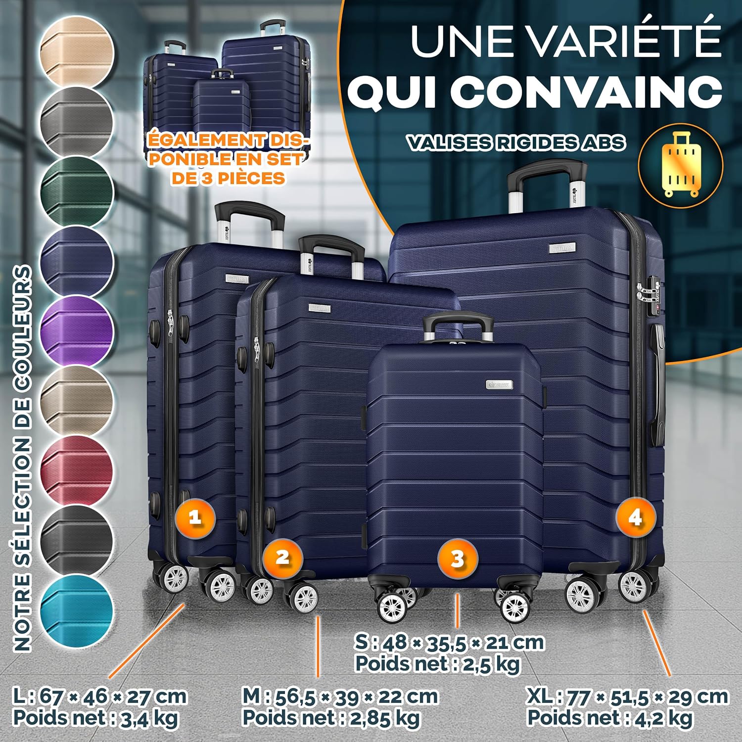 Detalle de tillvex® Set de 4 Valises de Voyage avec Balance, Sangles et Étiquettes – Coque ABS, TSA Lock, Roulettes 360°, Bleu Marine