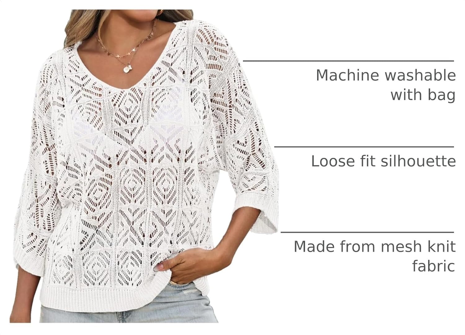 Detalle de Saodimallsu Womens Crochet Cover Up Top: Lightweight Net Mesh Swimwear Throw-On