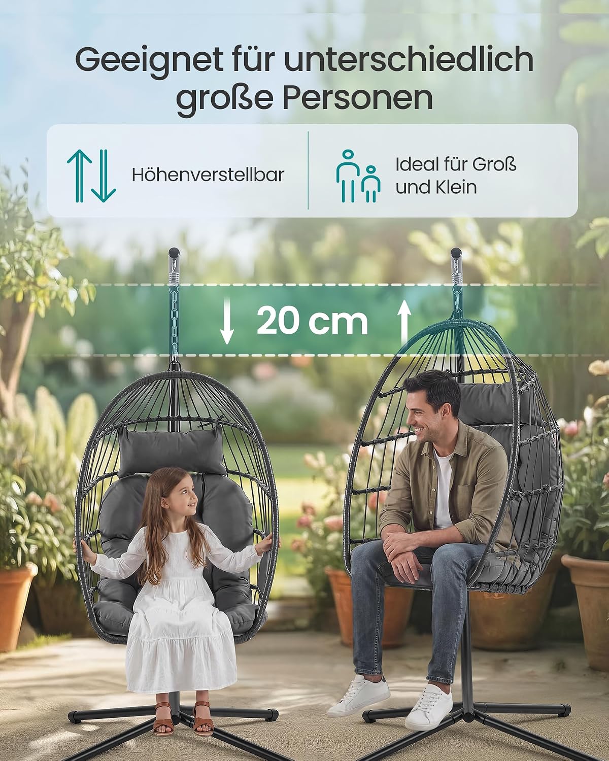 Detalle de SONGMICS Hängesessel mit Gestell GDC050GZ01 – höhenverstellbarer Korbsessel mit abnehmbarem, klappbarem Korb