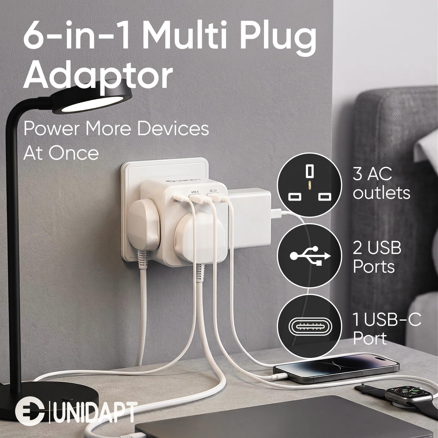 Thumbnail 1 de Unidapt 3 Way Plug Adaptor with 3 Fast Charge Ports – 6-in-1 UK Wall Power Cube