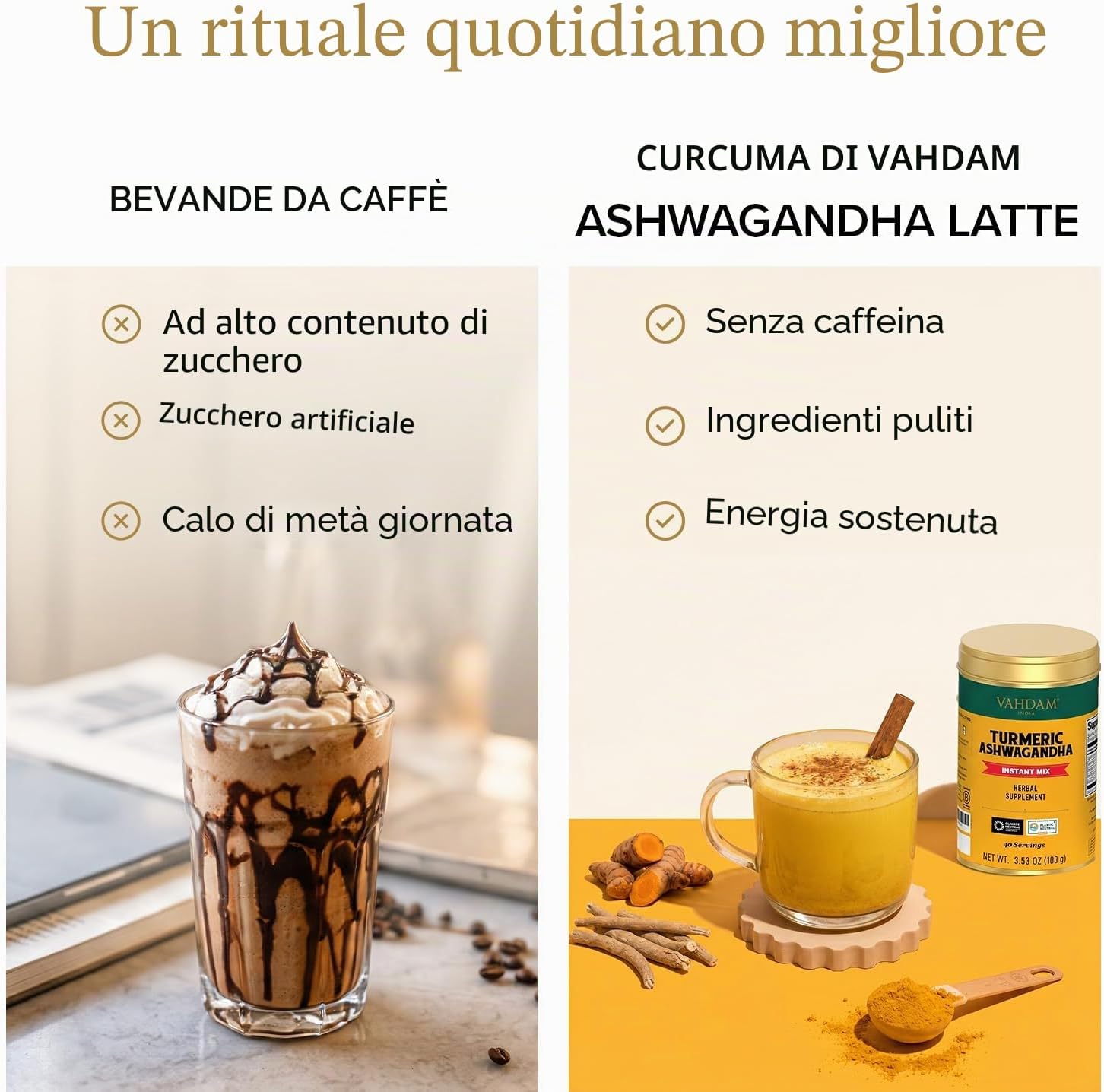 Detalle 2 de VAHDAM Golden Milk Latte in Polvere Curcuma & Ashwagandha – 100 g (40 tazze), senza caffeina e zuccheri aggiunti