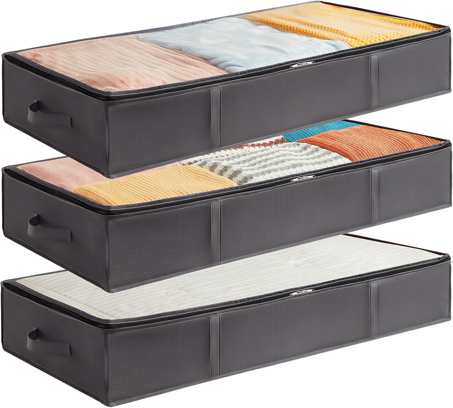Detalle de Lifewit Aufbewahrungstasche Unterbettkommode (3er-Set, 75L) – faltbar, mit Deckel und transparentem Fenster, grau