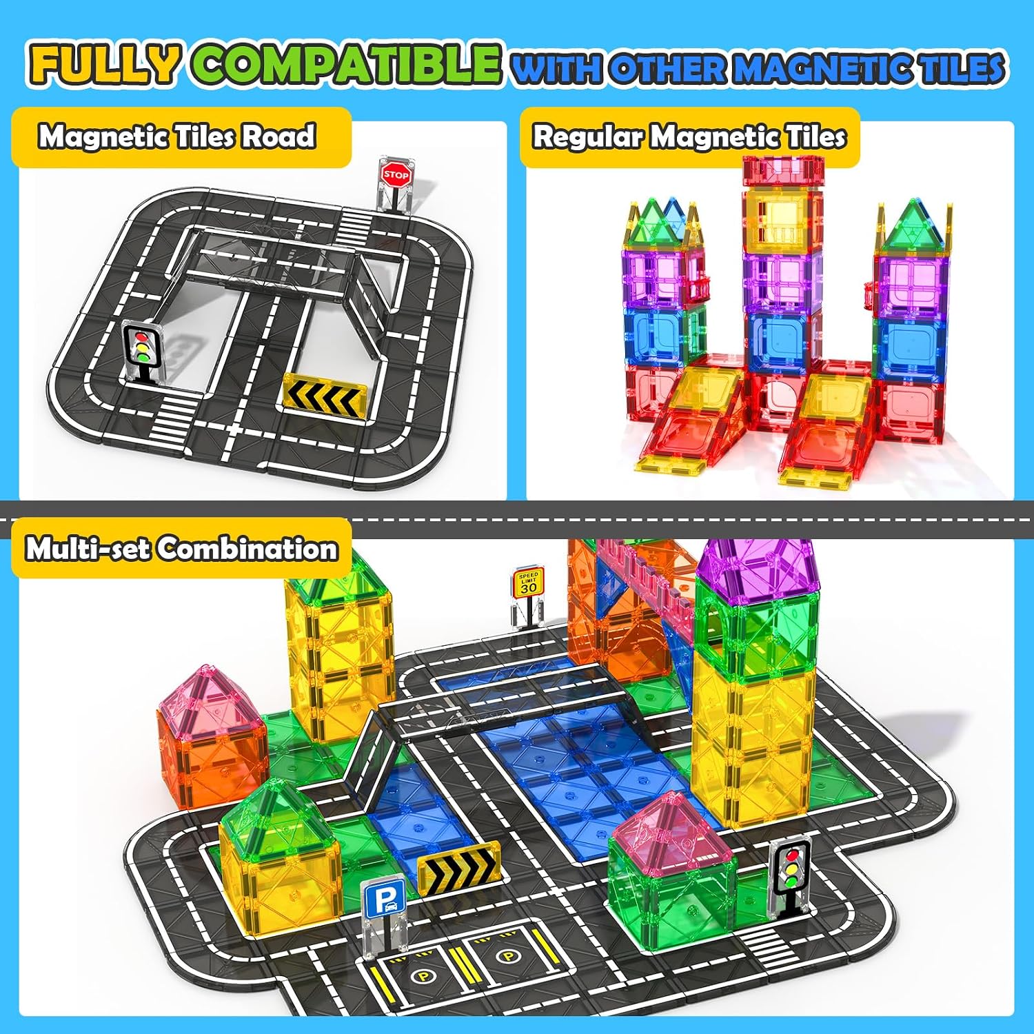 Detalle de IGIVI Magnetic Tiles Road & Rail Clamp Pack with Road Pieces and Bridge Supports