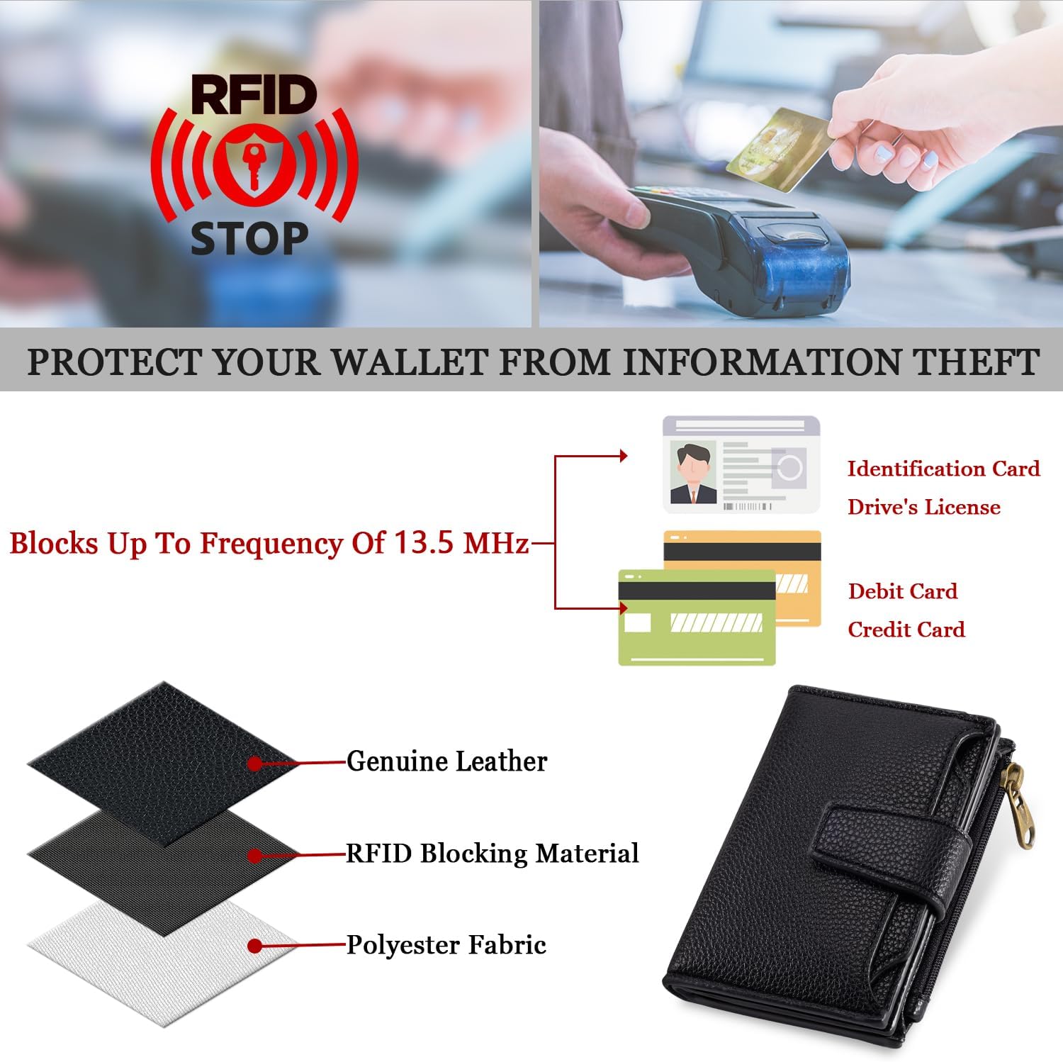 Thumbnail 5 de Airkit Small Wallet for Women with RFID Blocking — Soft Leather, Bifold, Zipper Coin Pocket