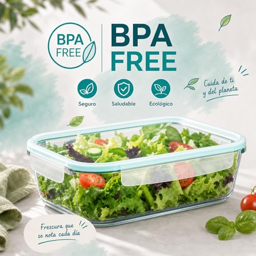 Detalle de edihome Recipientes de Cristal para alimentos, 14 piezas: set hermético con tapas y borosilicato, apto lavavajillas, congelador y microondas