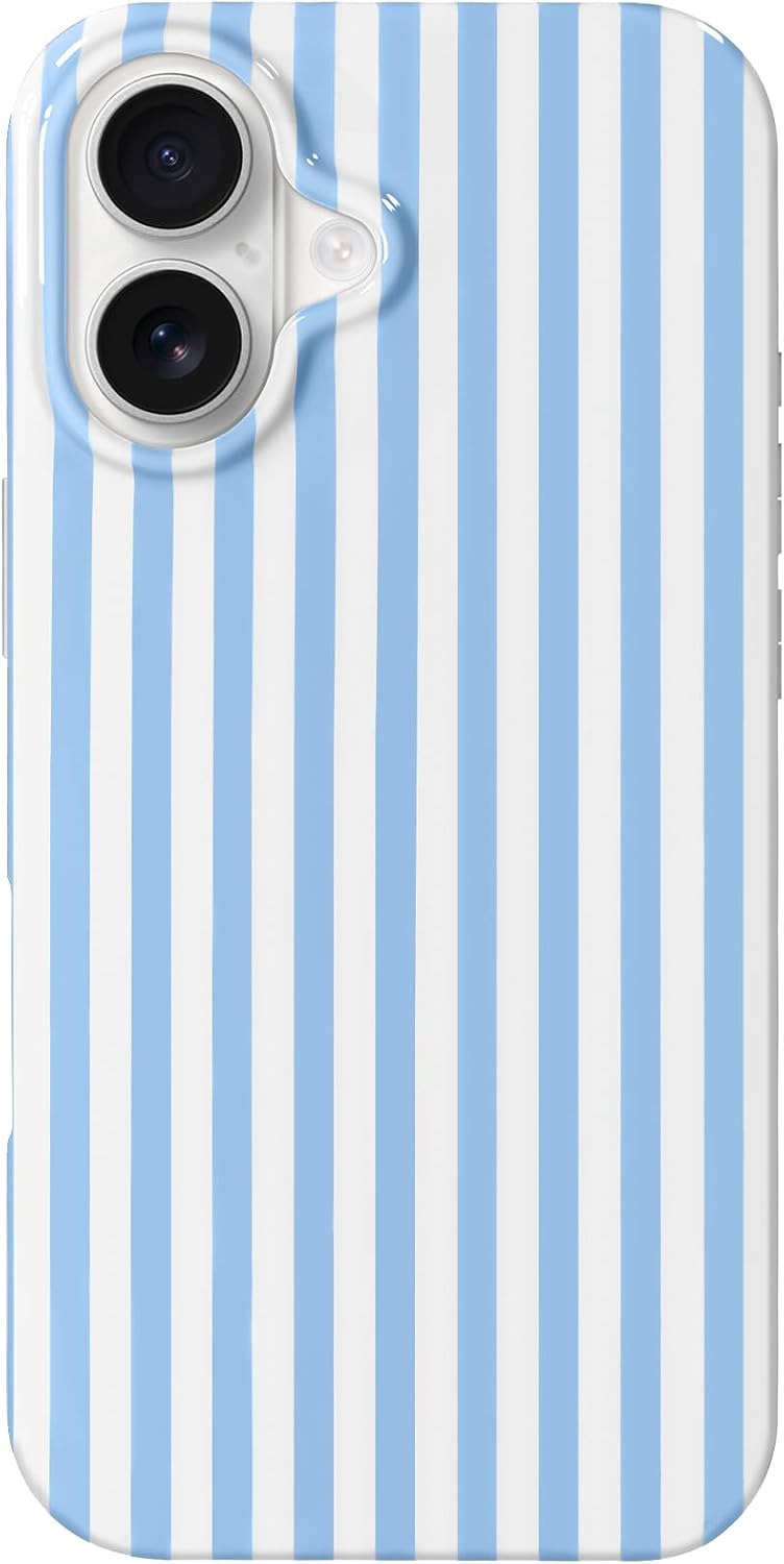 Detalle de Hython iPhone 16 Case, Light Blue and White Stripes, Slim TPU