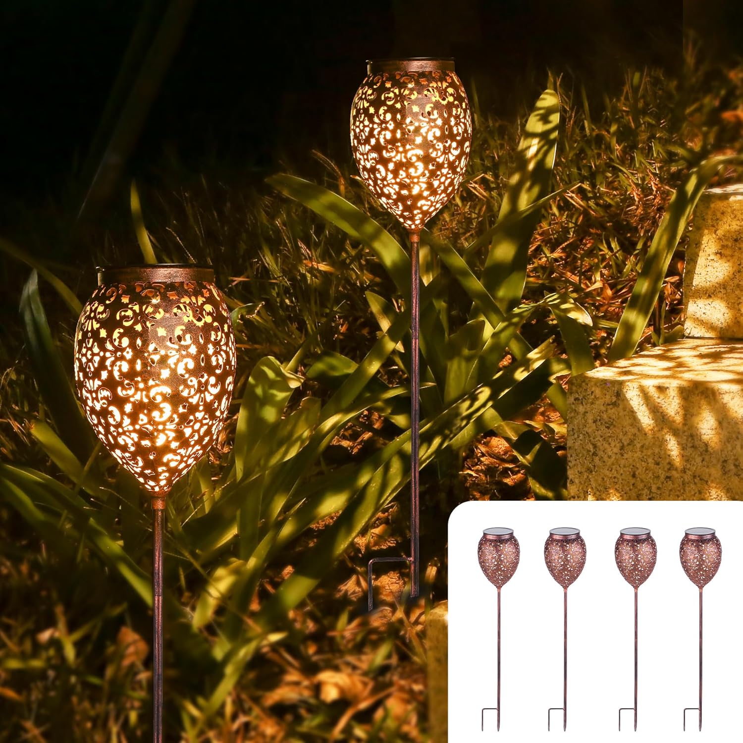 Detalle de JOYCREATOR Metall-Solarleuchten für Außen – 4er-Set, IP65, höhenverstellbar, Kupfer