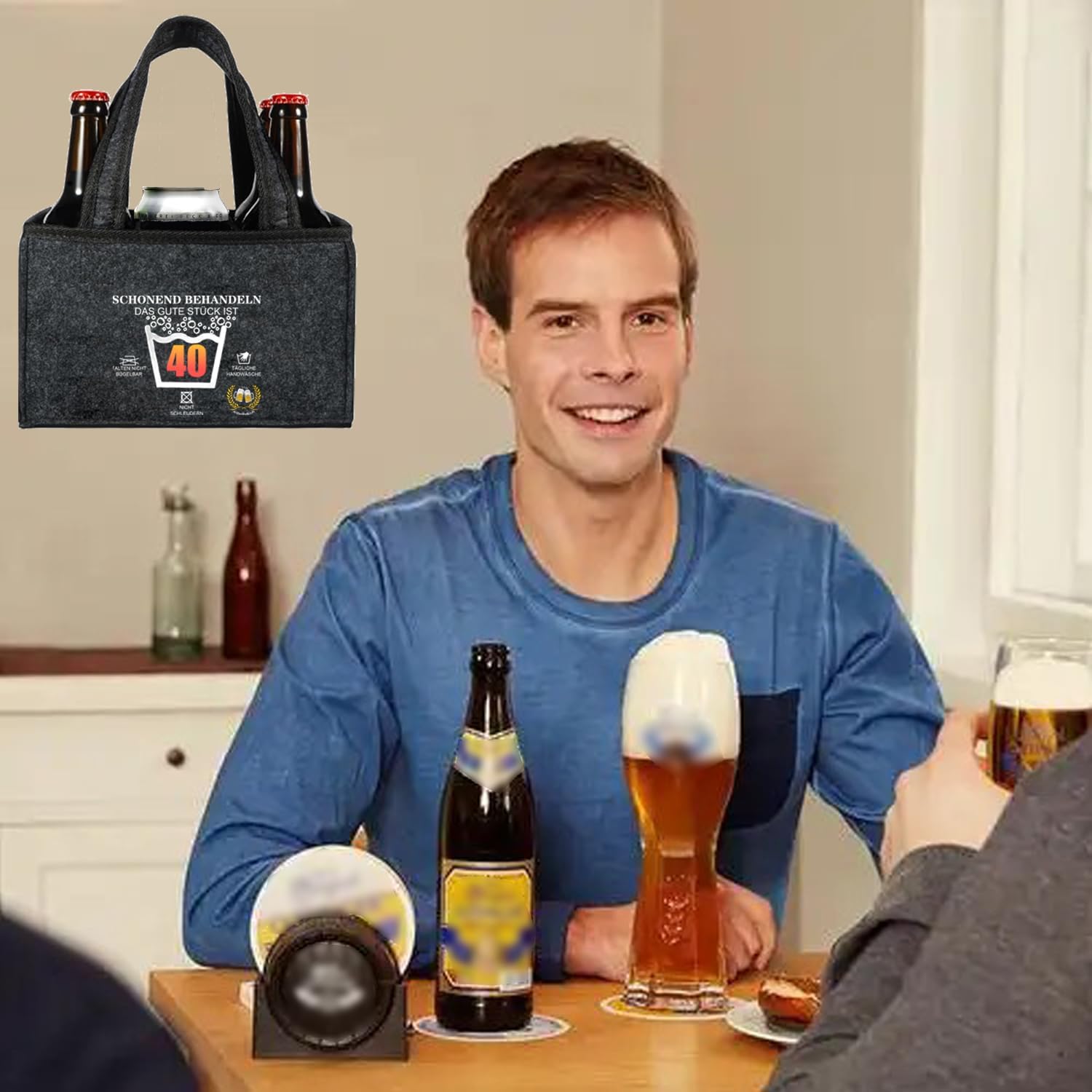 Thumbnail 6 de AiDeHuaKeJi Männerhandtasche Bier Geschenk zum 40. Geburtstag – Filz-Träger für 6 Flaschen inkl. Öffner & Grußkarte