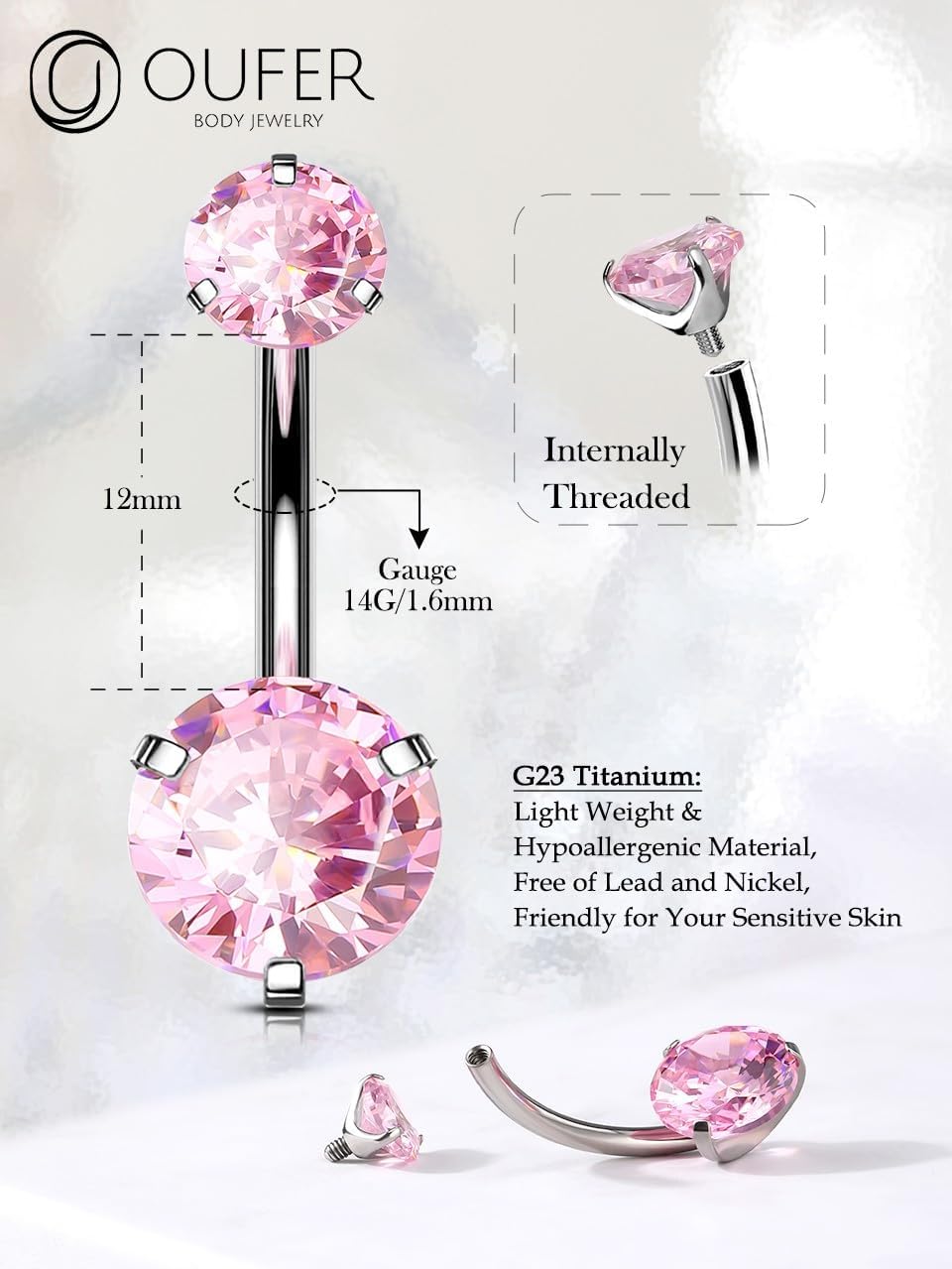 Detalle de OUFER Body Piercing en titane pour nombril : barre interne 14G extra longue avec double CZ (longueurs 10 à 16 mm)
