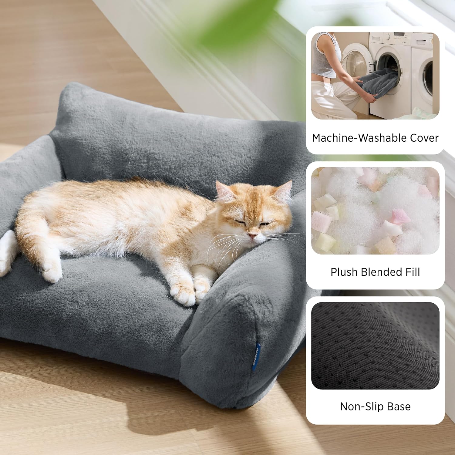 Detalle 2 de Bedsure Dog Sofa Bed Large – Dark Grey, 76x51x25cm, removable cover, anti-slip base