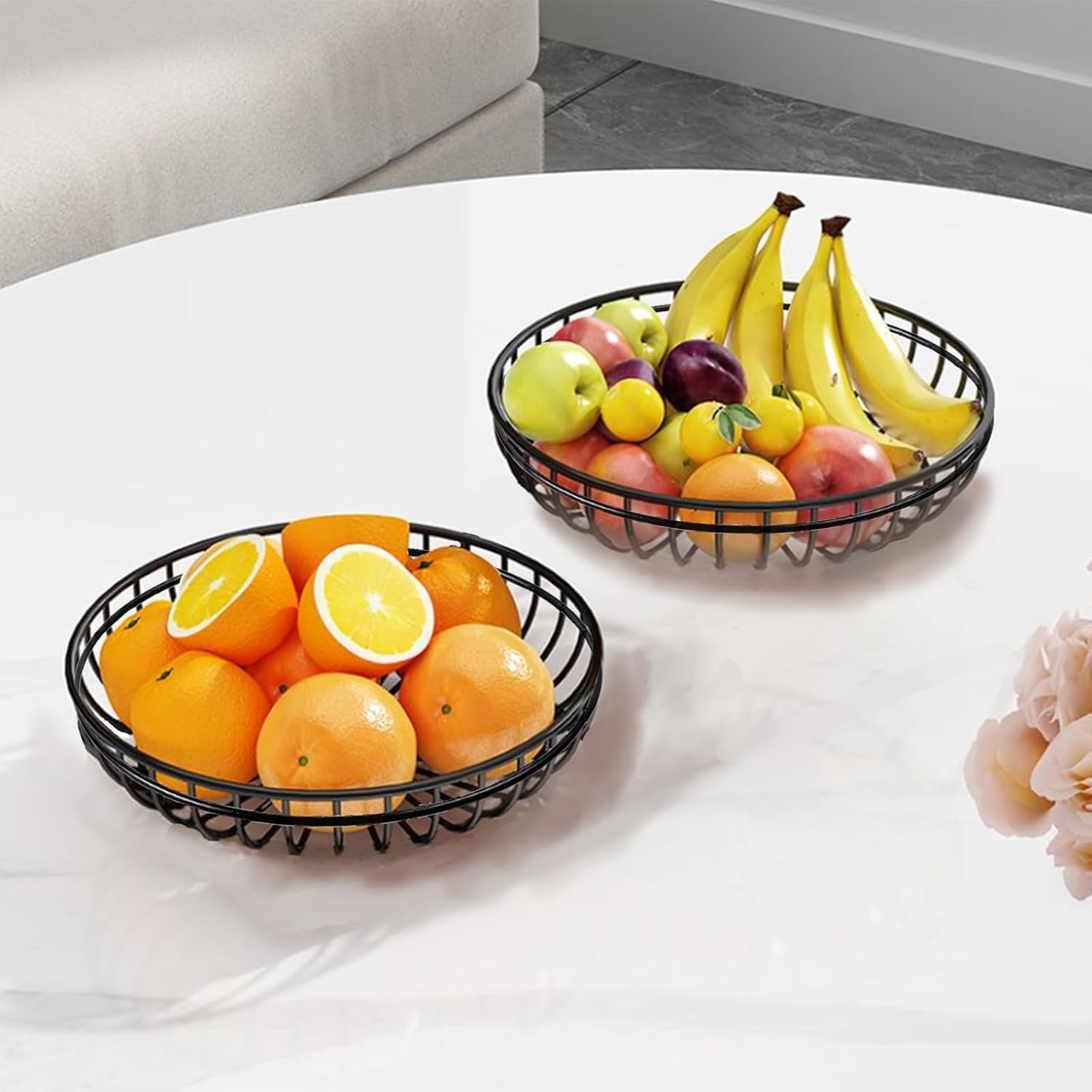 Detalle de Obstkorb, Runder Metallgitter Korb | 2 Stück schwarz – Flexibler Display- und Aufbewahrungshelfer für Obst, Gemüse, Brot