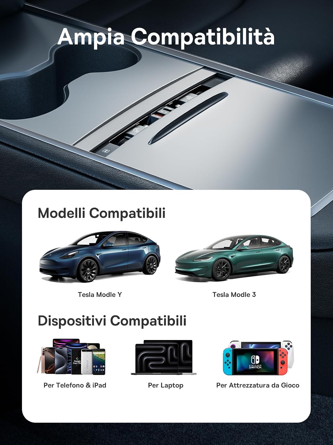 Thumbnail 5 de Baseus Hub USB 45W per Tesla Model 3/Y (2021-2023) 4-in-1: ricarica rapida, hub removibile e cavi retrattili