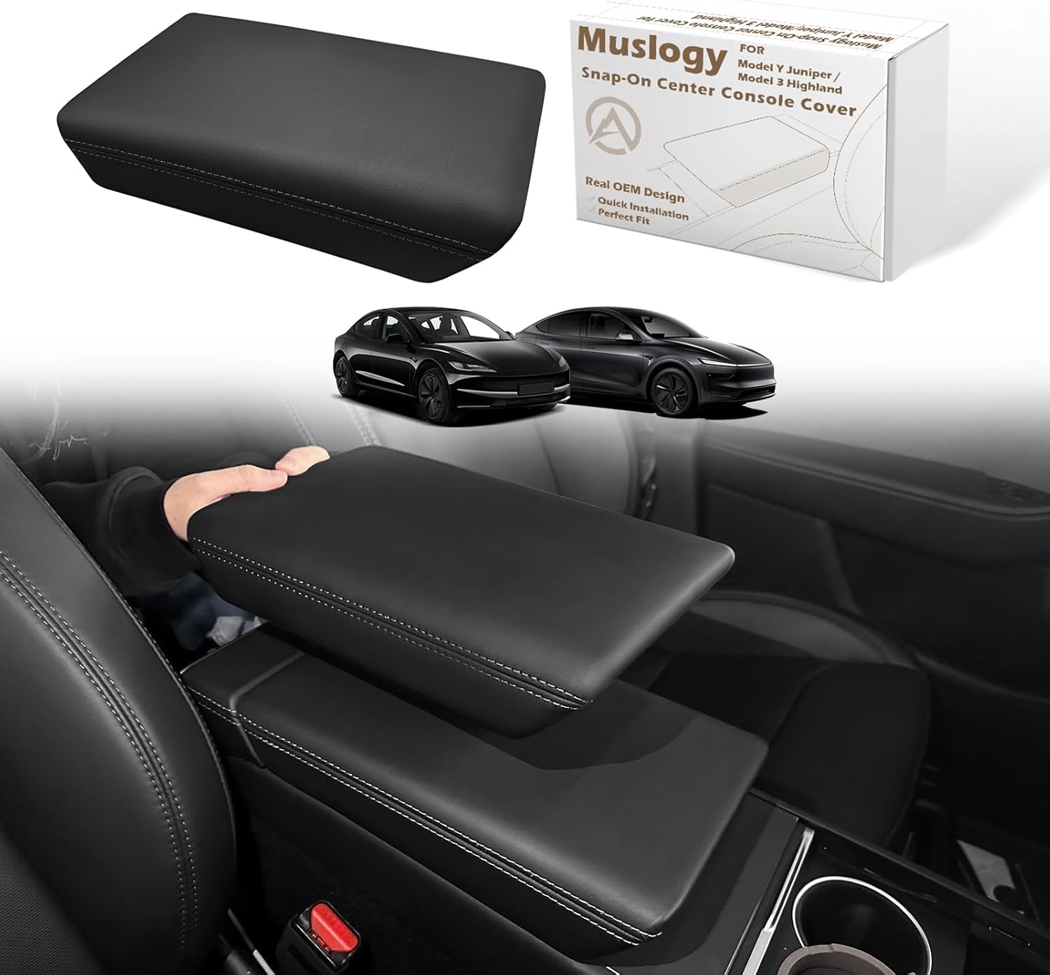 Detalle de Muslogy Center Console Armrest Cover for Tesla Model Y Juniper 2026+ / Model 3 Highland 2024+ (Black Vegan Leather, Snap-On, 4-Layer Design)