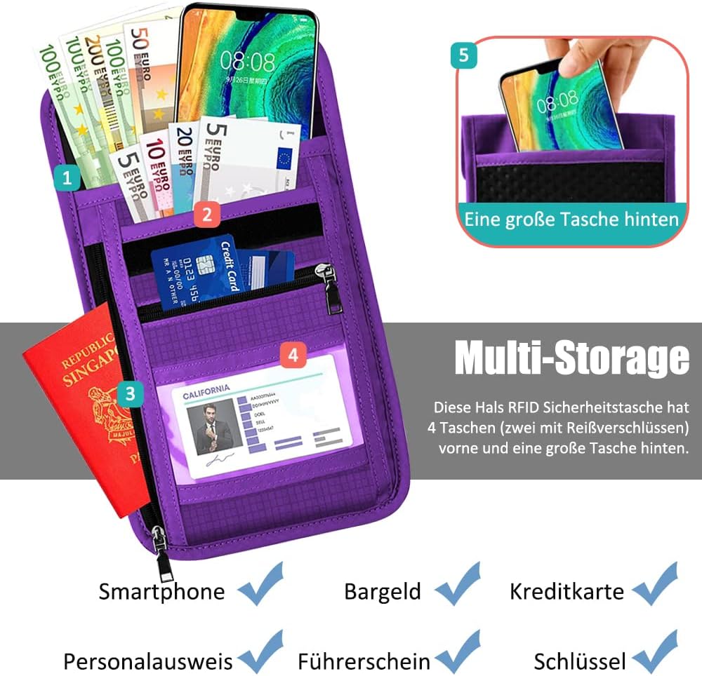 Detalle de Tyuodna Brustbeutel mit Sichtfenster – Reisepass Tasche mit RFID-Schutz, violett
