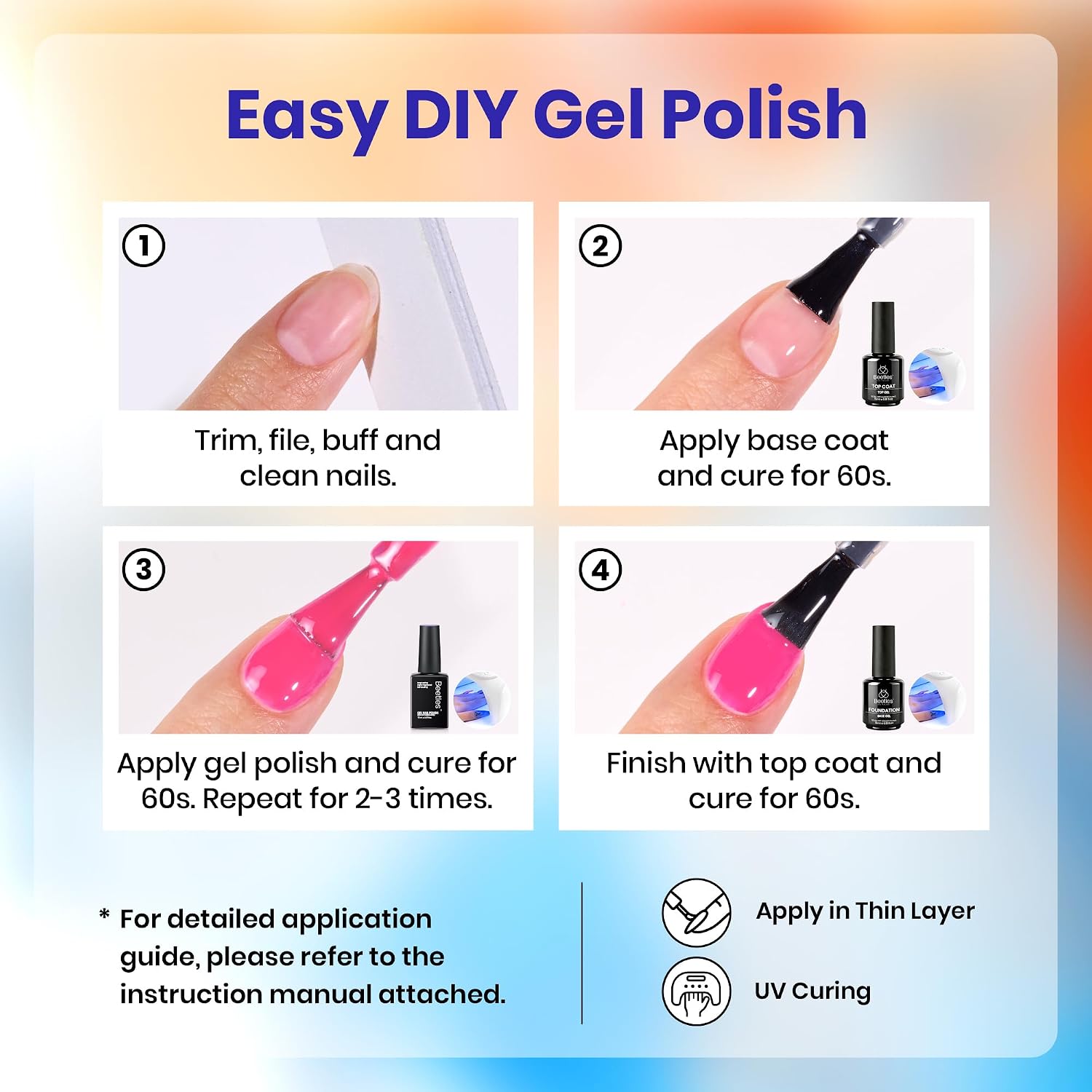 Detalle de Beetles Gel Nail Polish Set - 23pcs Summer Colors with Base & Top Coat (Goes on for Beginners)