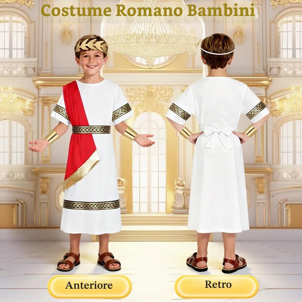 Thumbnail 3 de BSBUY Costume antica Grecia e Roma per bambini bianco e rosso con toga, cintura e fascia