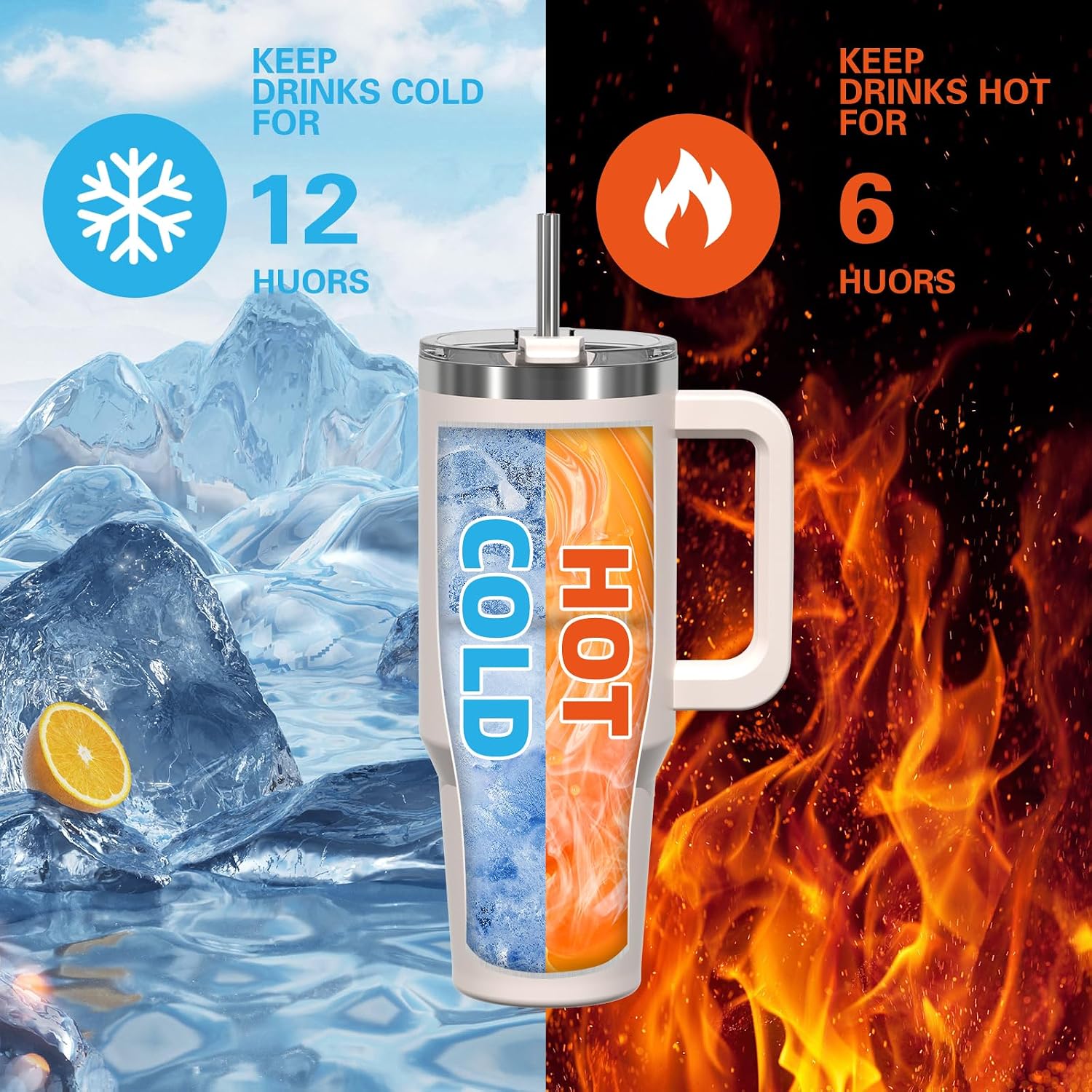 Detalle de WATERSY 40oz Isolierter To-Go-Thermobecher aus Edelstahl – Doppelwandig, auslaufsicher, mit Griff und Strohhalm (Hellbeige)