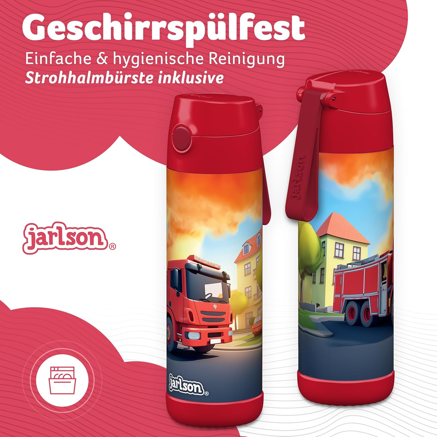 Detalle de Jarlson Trinkflasche Kinder Edelstahl Charli – 500 ml, MIT STROHHALM, auslaufsicher
