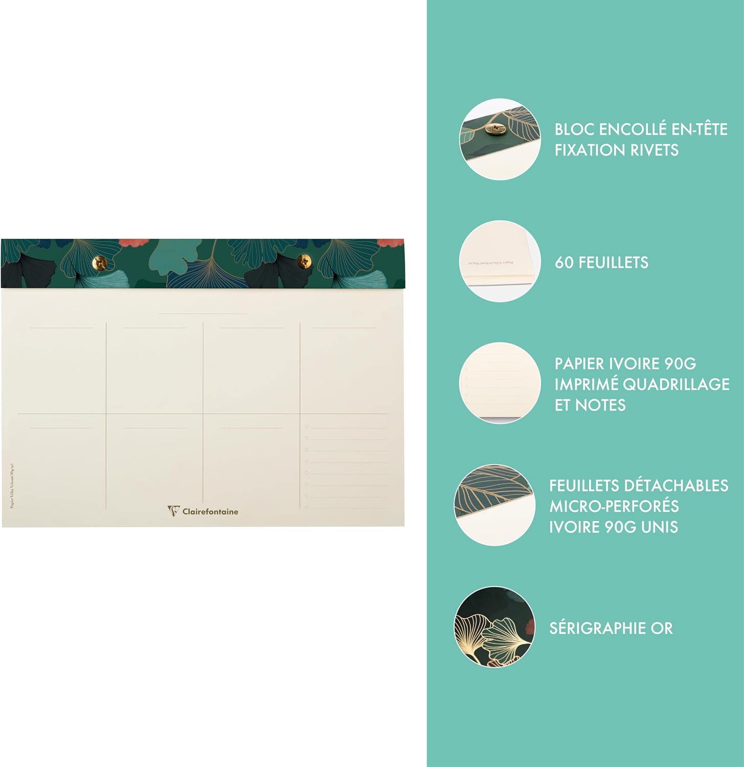 Thumbnail 2 de Clairefontaine 116244C — Bloc-planner à rivets 24x17 cm, 60 feuilles détachables, papier 90 g, décor floral bleu profond