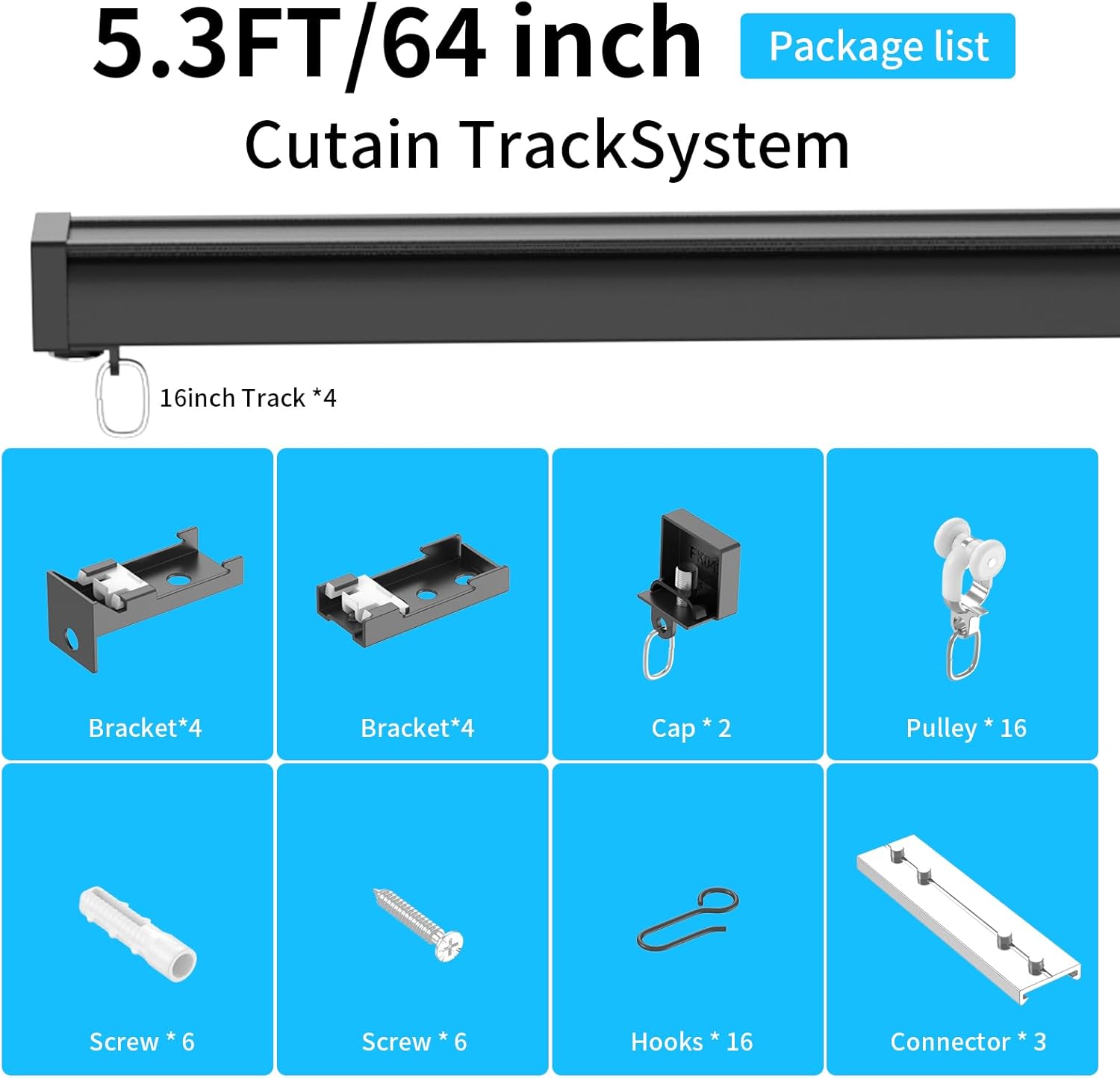Thumbnail 6 de Rail de rideau plafond et mural en aluminium YLNANMI noir (1,6 m) – à couper et facile à installer