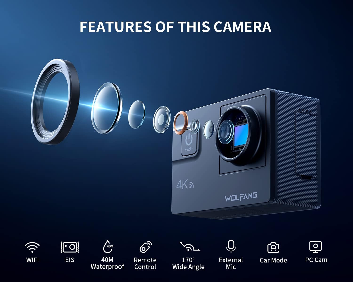 Thumbnail 2 de WOLFANG GA300 Action Camera (4K 60FPS, 24MP) with 40M Waterproof Case, WiFi 8X Zoom & EIS for vlogging