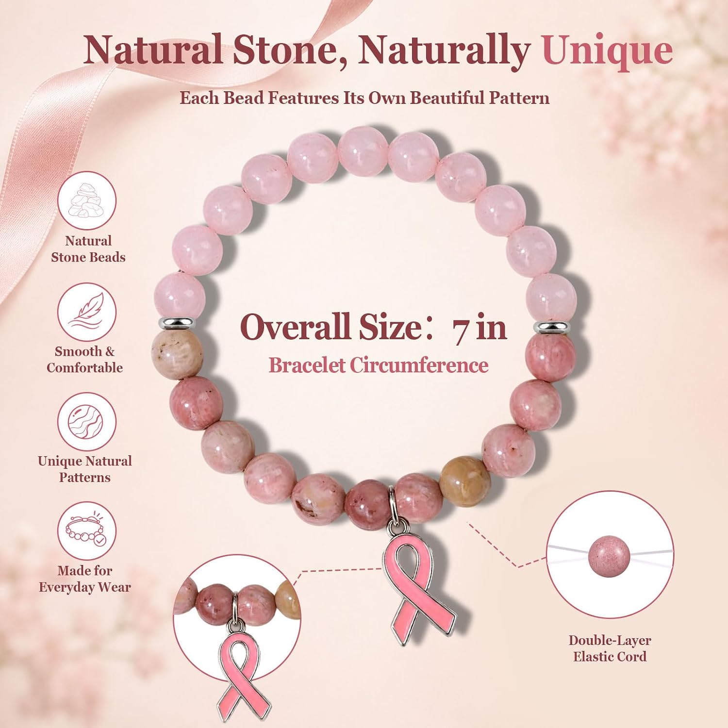 Detalle de Pink Ribbon Bracelet with Natural Stone Beads
