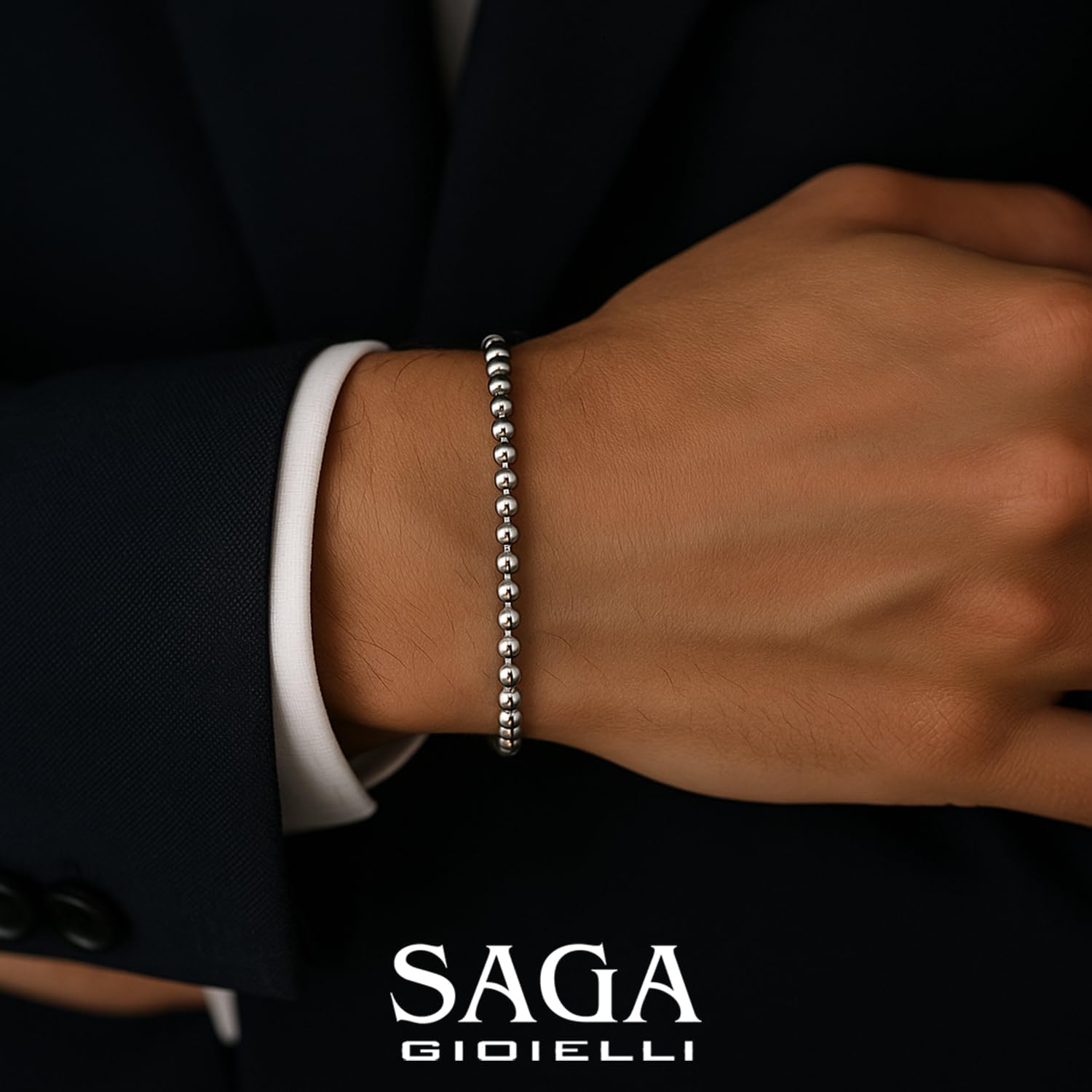 Thumbnail 1 de SAGA GIOIELLI Bracciale Unisex Uomo Donna 18+3 cm in Acciaio con Sfere 4 mm – confezione regalo