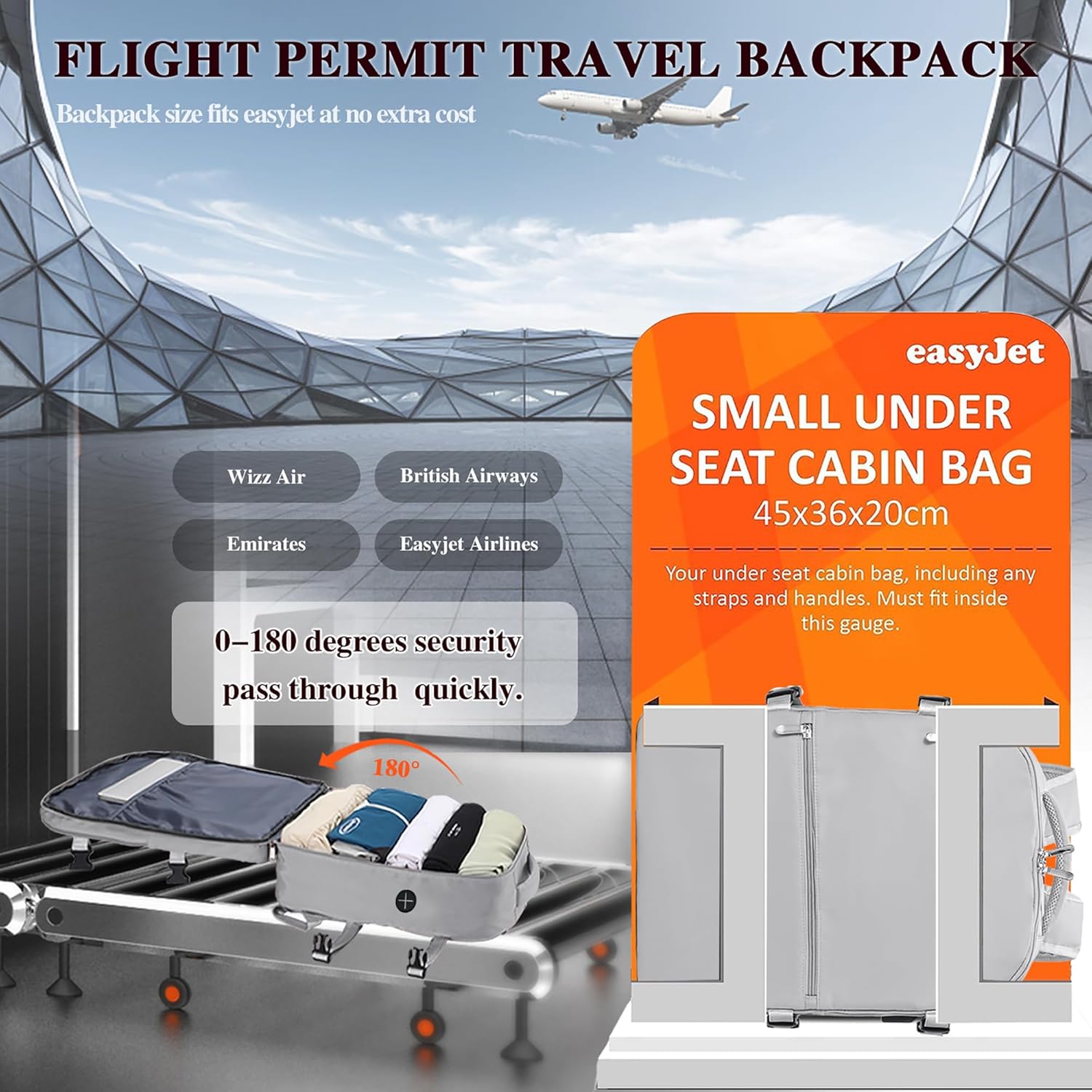 Thumbnail 1 de Easyjet Cabin Bag 45x36x20 Underseat Travel Backpack – Waterproof, Anti-Theft, 40L