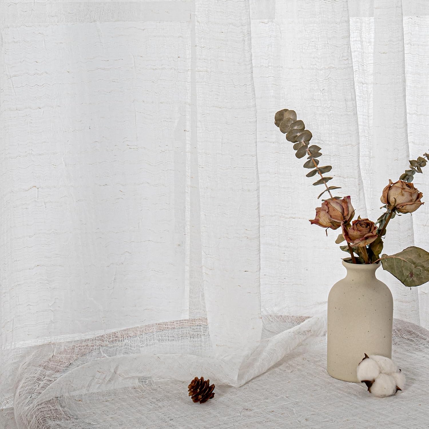 Thumbnail 2 de MYSKY HOME Kurz-Gardinen Set (2er) Boho-Leinenoptik halbtransparent, Beige – H 160 x B 140 cm