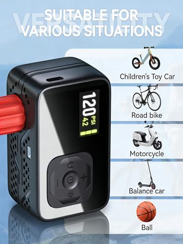 Detalle de Bomba De Bicicleta Eléctrica GPUTEK: 120 PSI, portátil y con medidor digital para válvulas Presta y Schrader