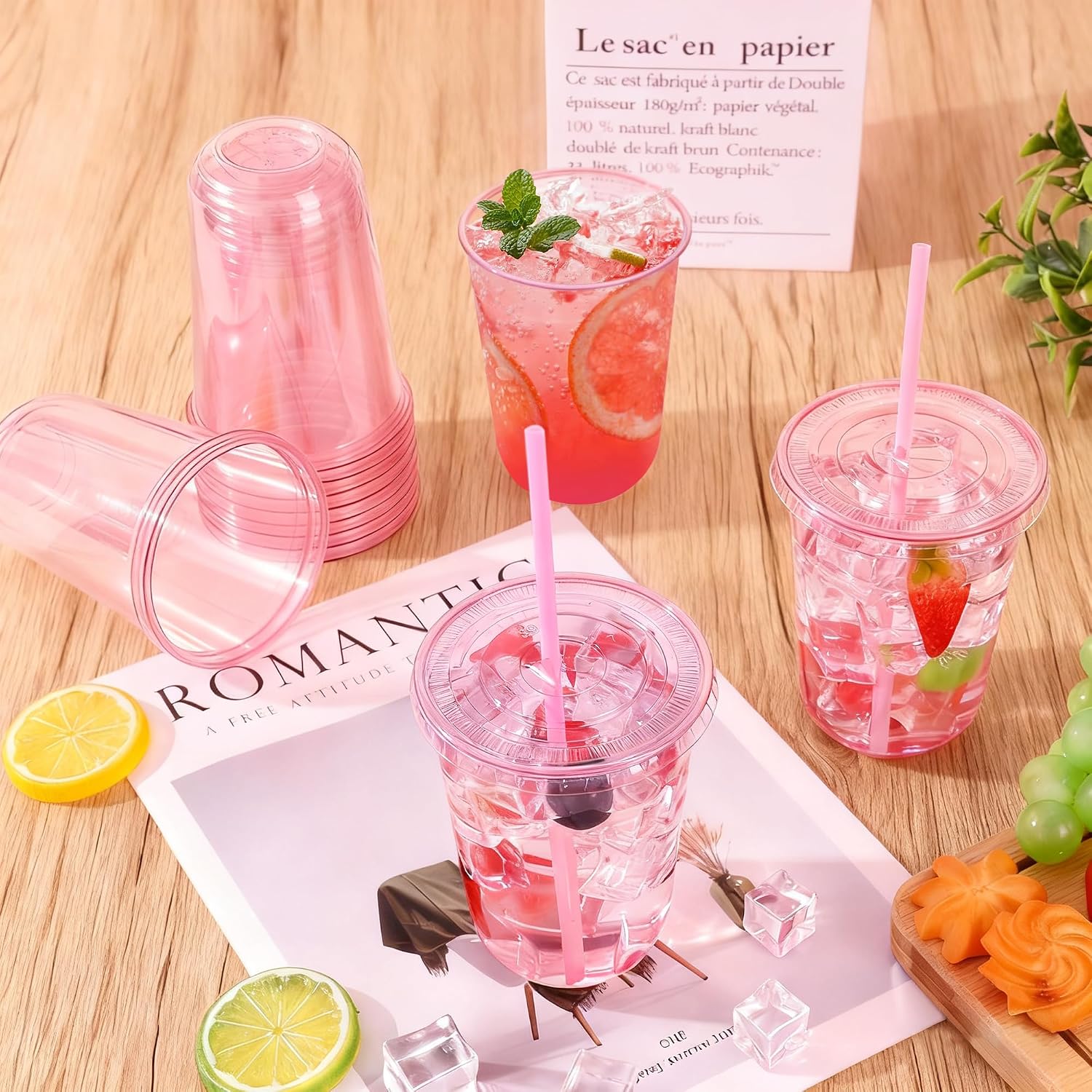 Thumbnail 2 de tchrules 100 Set 16oz Pink Plastic Cups with Lids & Straws — Disposable to Go Cups for Cold Drinks