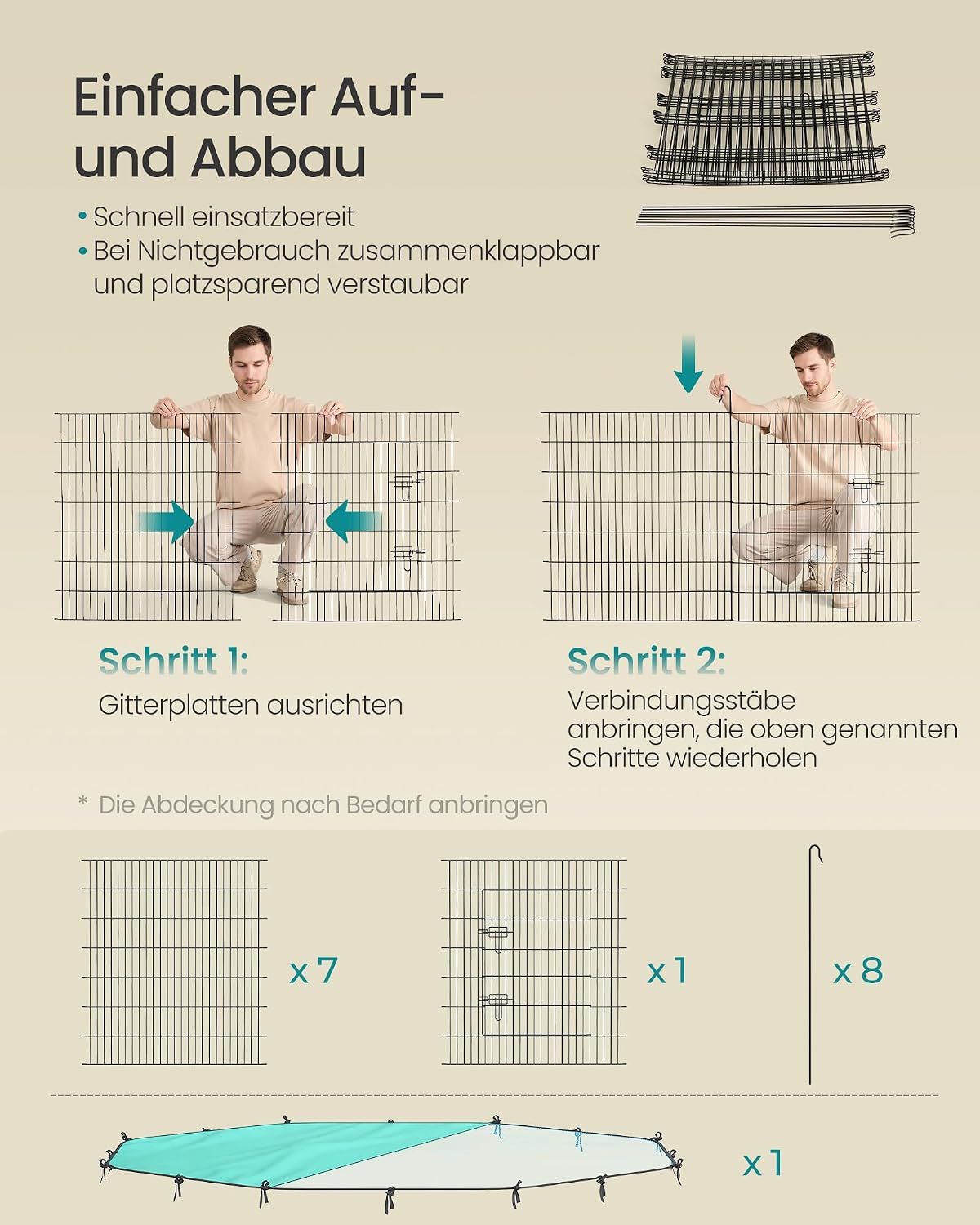 Detalle de SONGMICS Kleintiergehege, Freilaufgehege mit Abdeckung – 138 × 138 × 60 cm, 8 Gitterplatten, tintenschwarz (LPI020BH01)